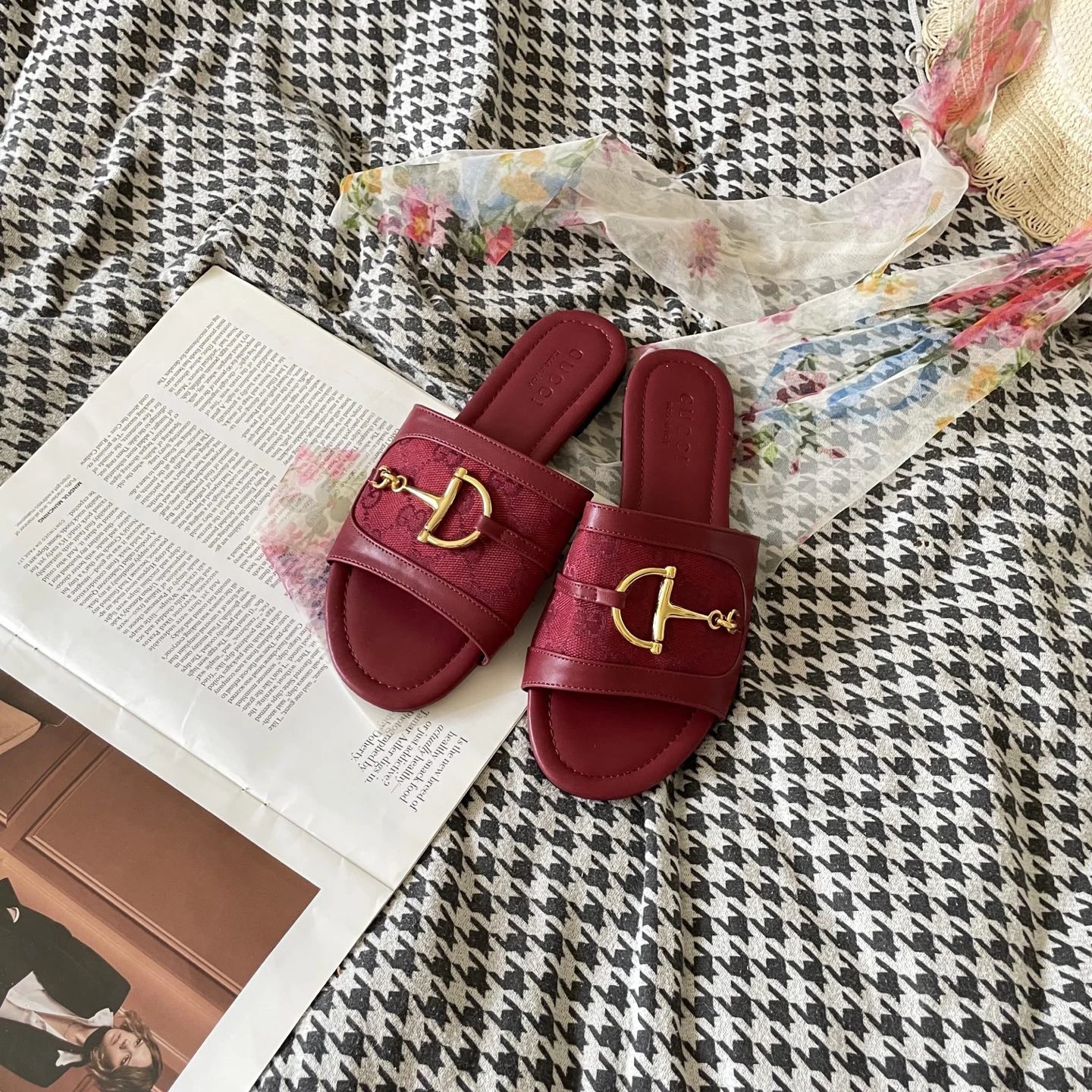 Gucci Burgundy GG Leather Horsebit Flat Slide Sandals