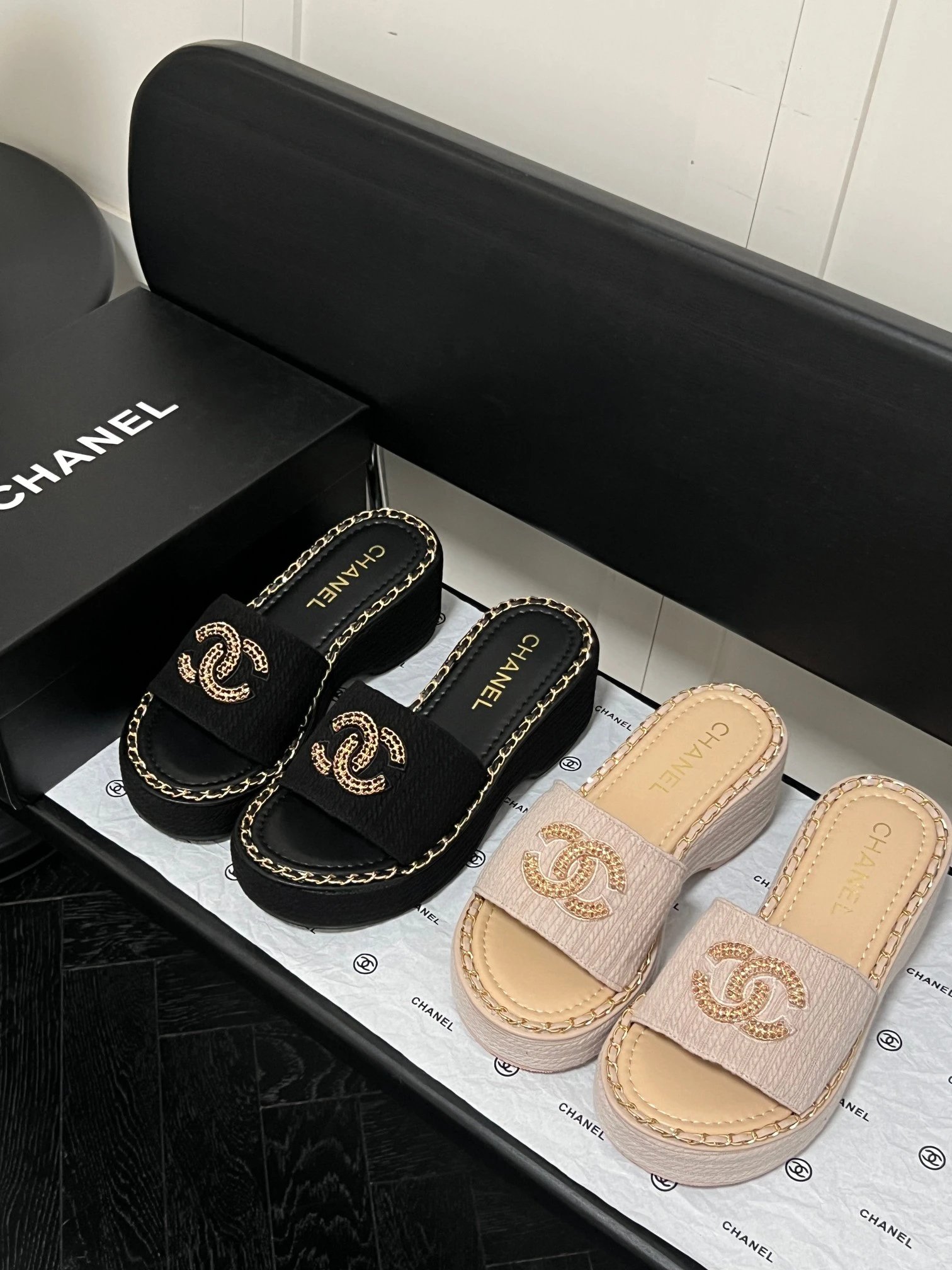 Chanel Black Platform Slide Sandals Gold Chain Logo Shoes