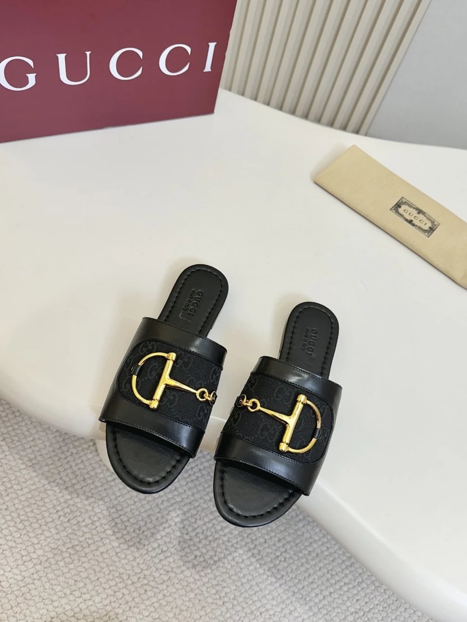 Gucci Black GG Embossed Leather Horsebit Slide Sandals