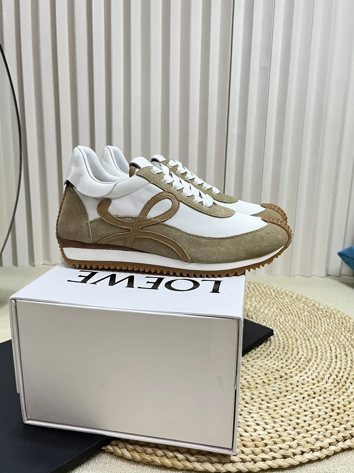 Loewe Flow Runner Ivory Khaki Anagram Suede Sneakers