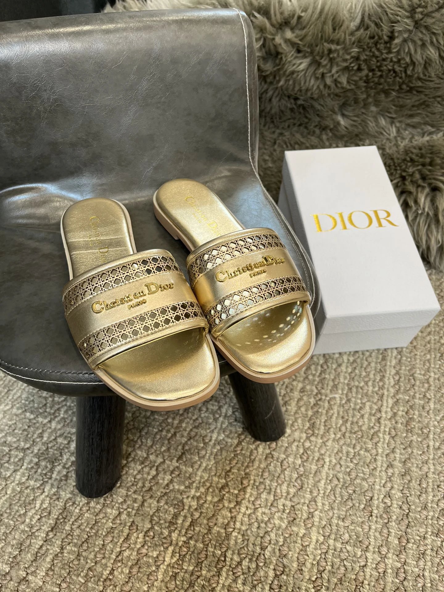 Dior Gold Dway Cannage Embroidered Logo Slide Sandals