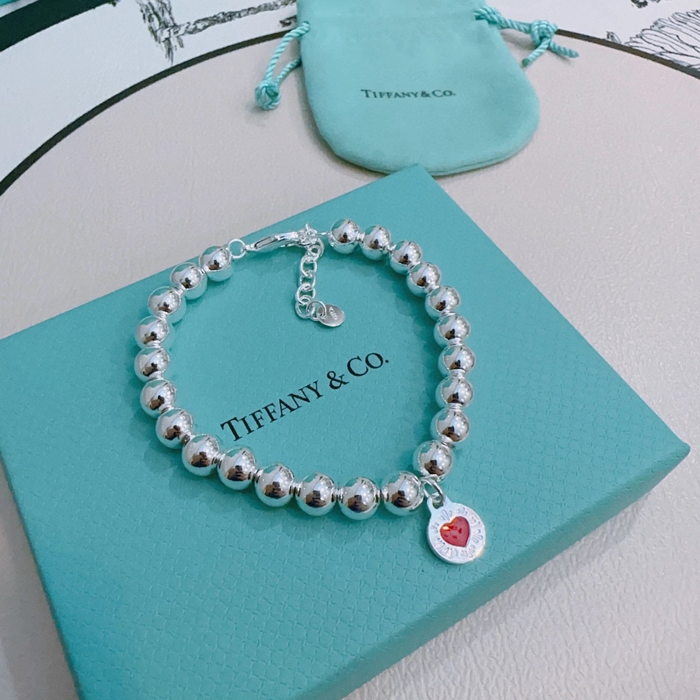 Tiffany & Co. Blue Enamel Heart Silver Bead Bracelet