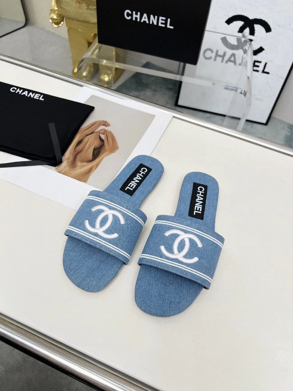 Chanel Light Blue Denim CC Logo Slide Sandals