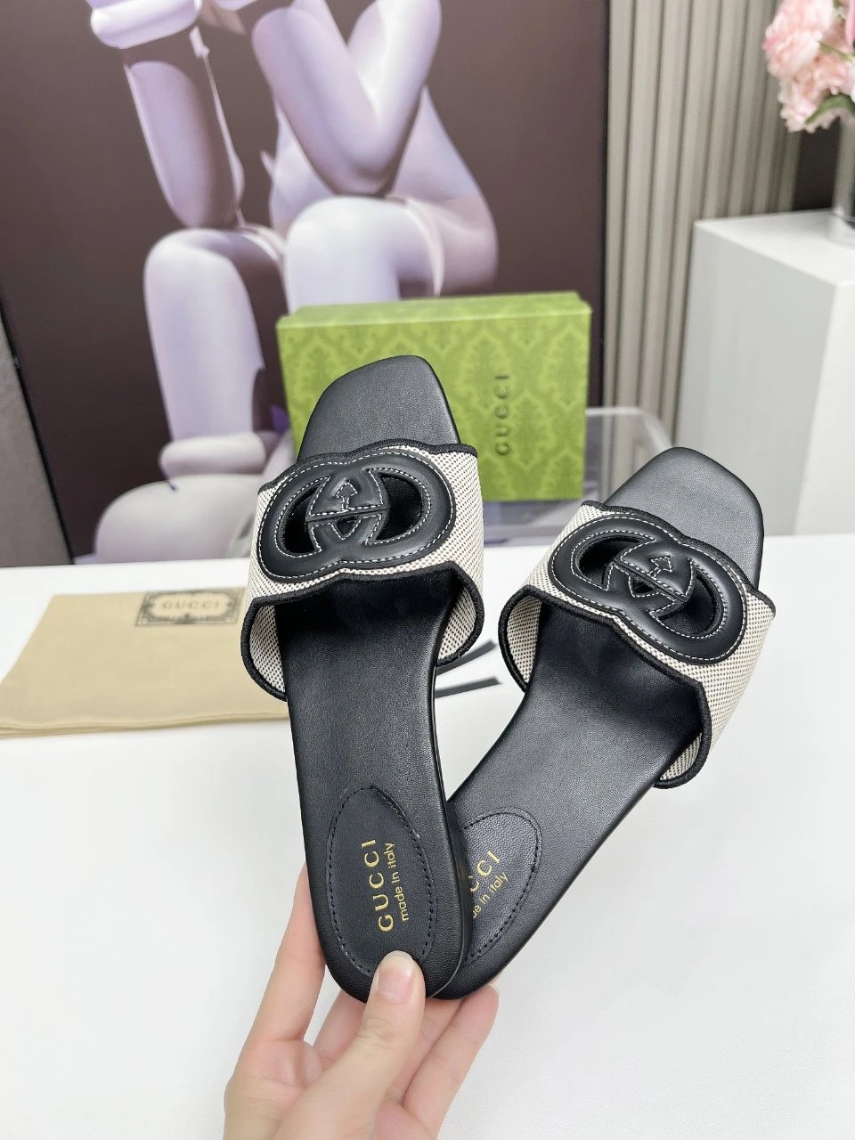 Gucci GG Logo Black White Leather Slide Sandals