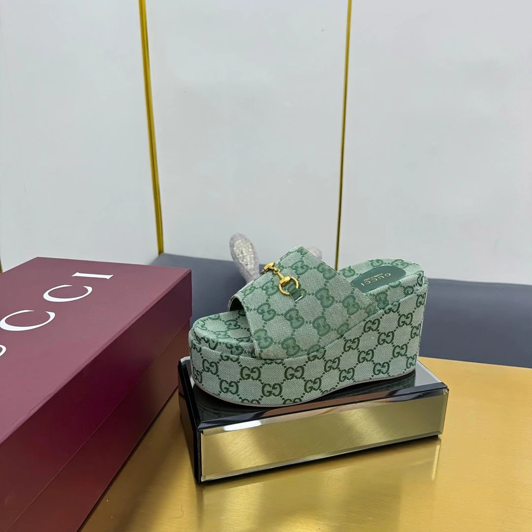 Gucci Green GG Jacquard Platform Wedge Slide Sandals