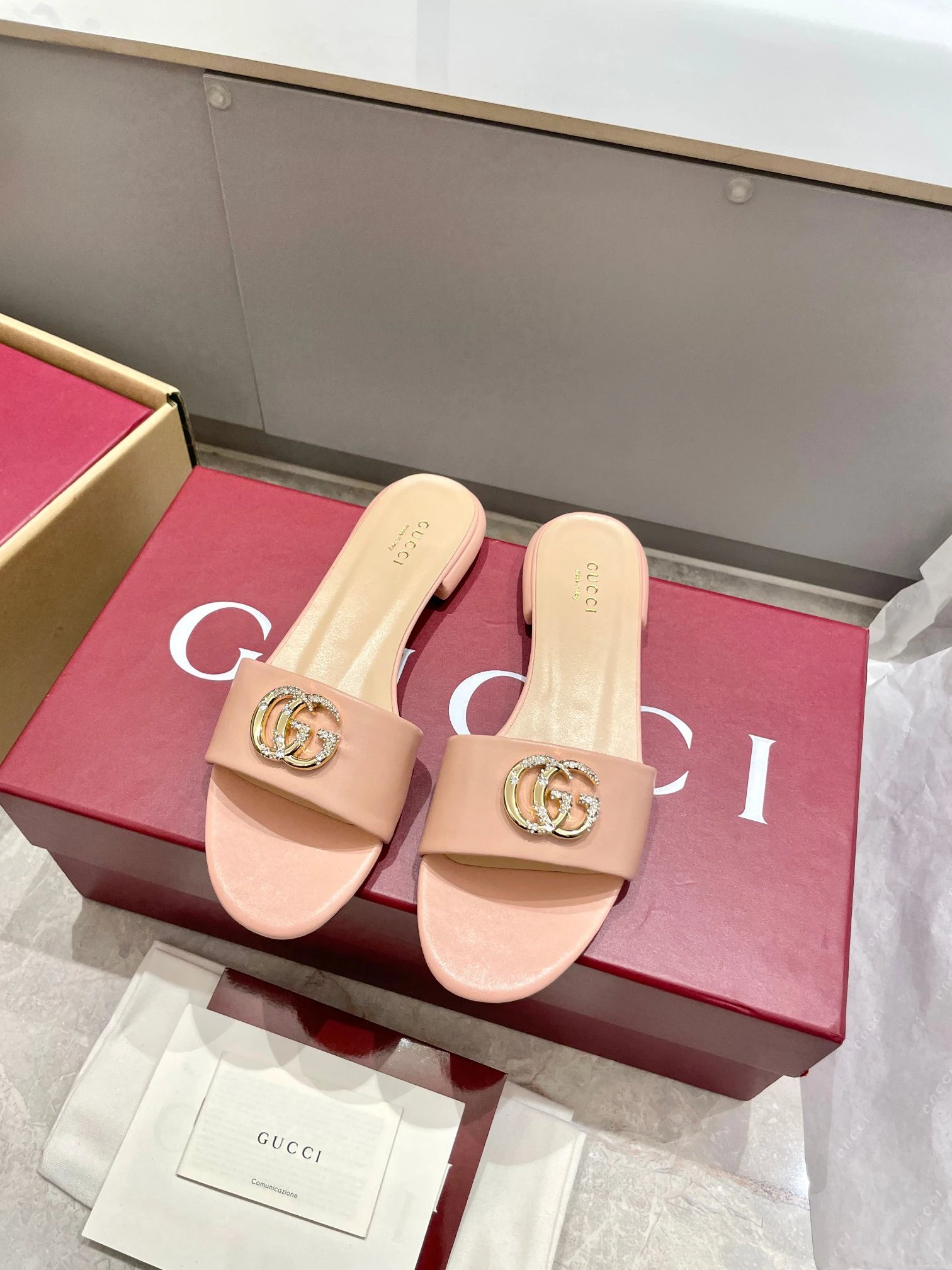 Gucci Pink GG Rhinestone Leather Slide Sandals