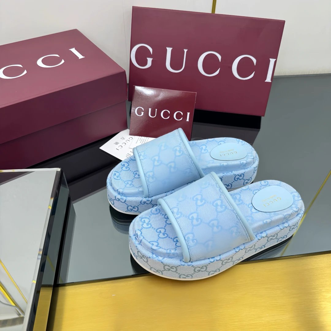 Gucci Light Blue GG Jacquard Platform Slide Sandals