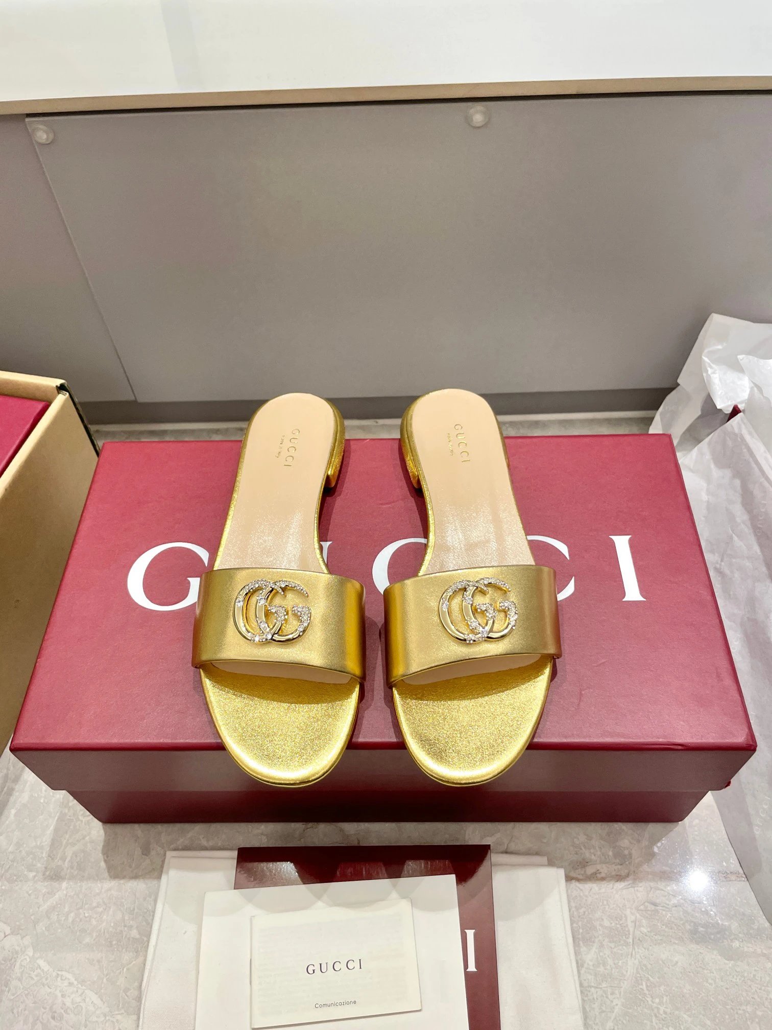 Gucci Gold GG Rhinestone Metallic Leather Slide Sandals