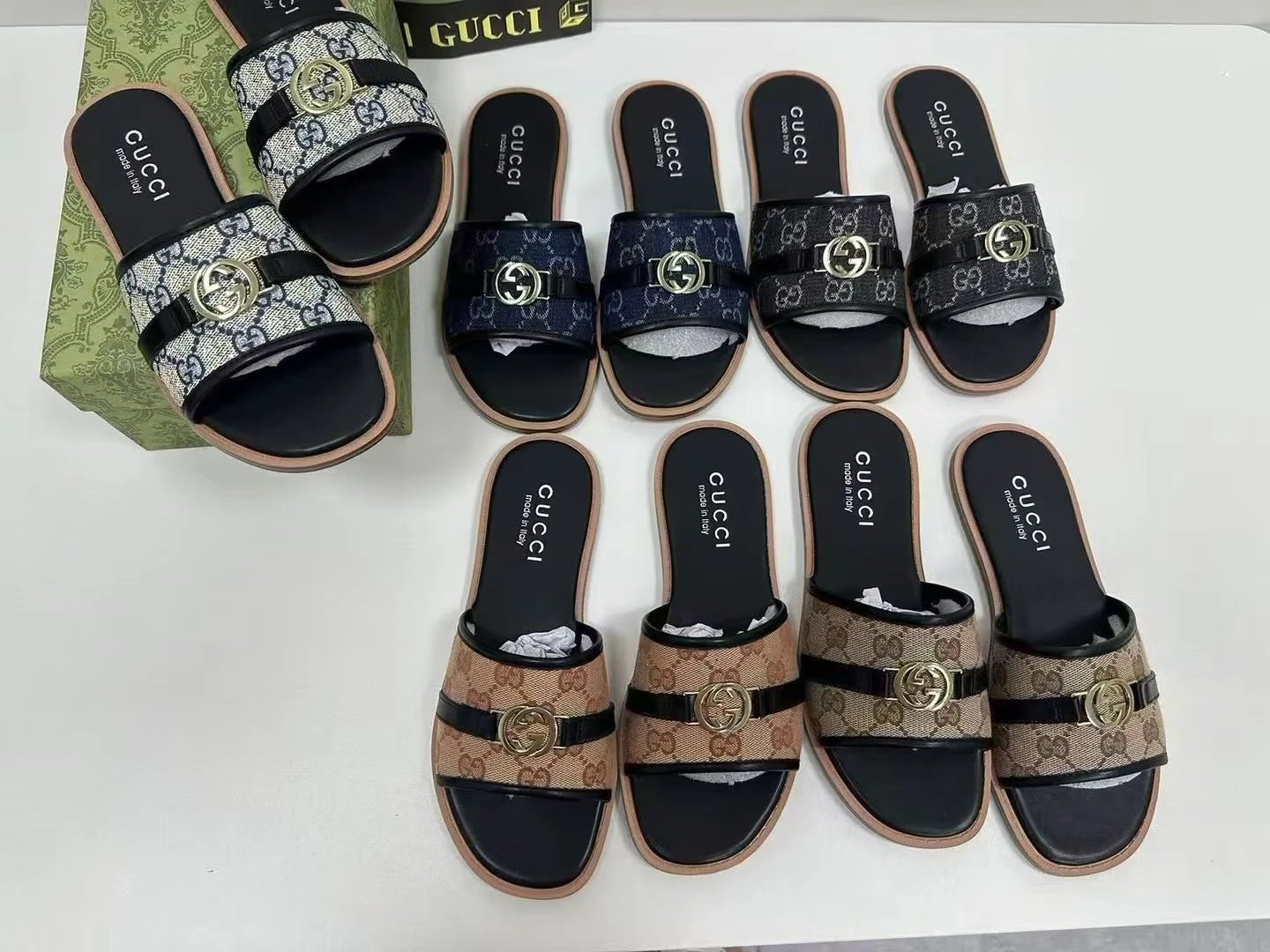 Gucci GG Canvas Slide Sandals Black Leather Strap