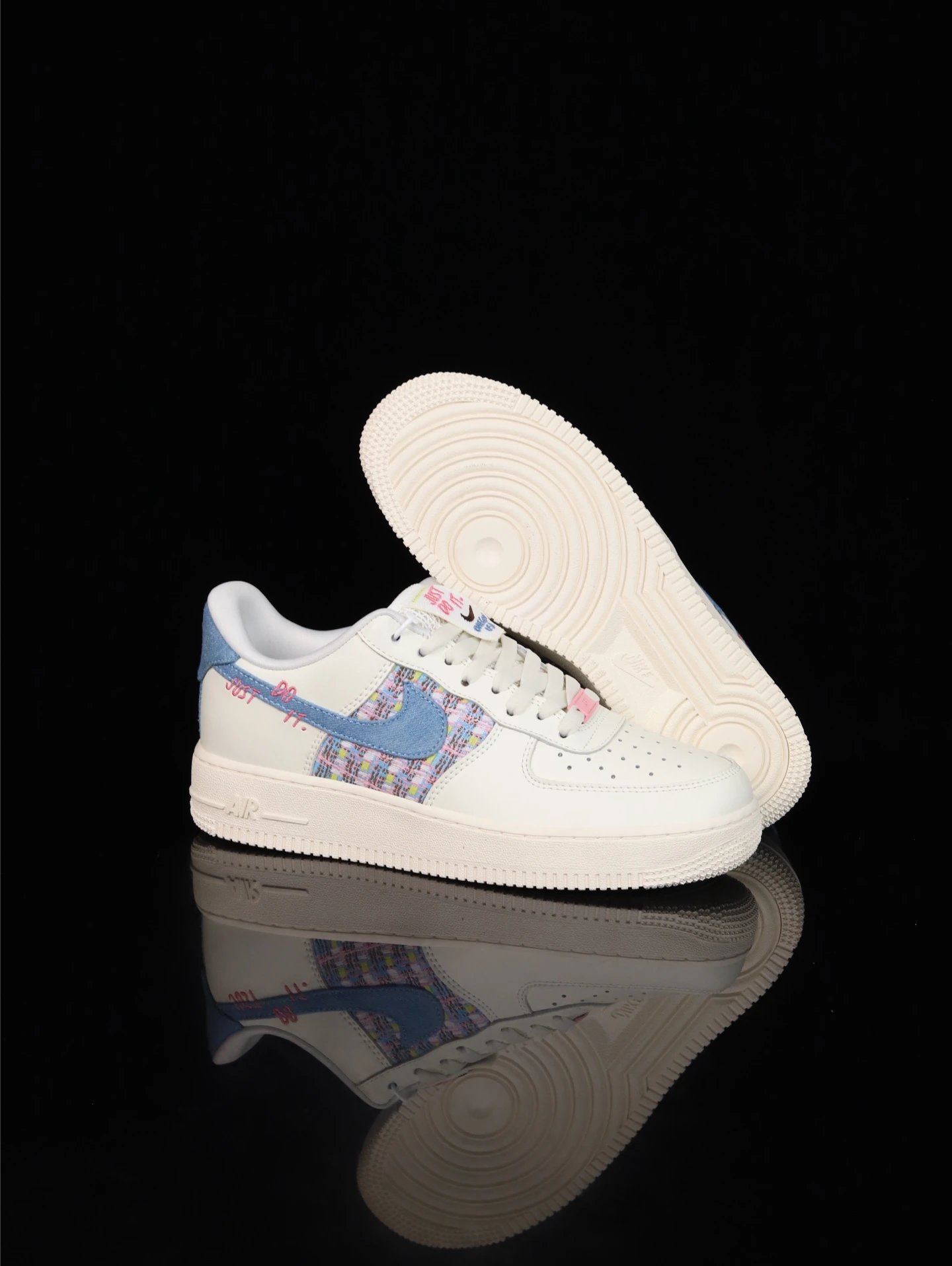 Nike Air Force 1 Low White Blue Plaid Denim Sneakers