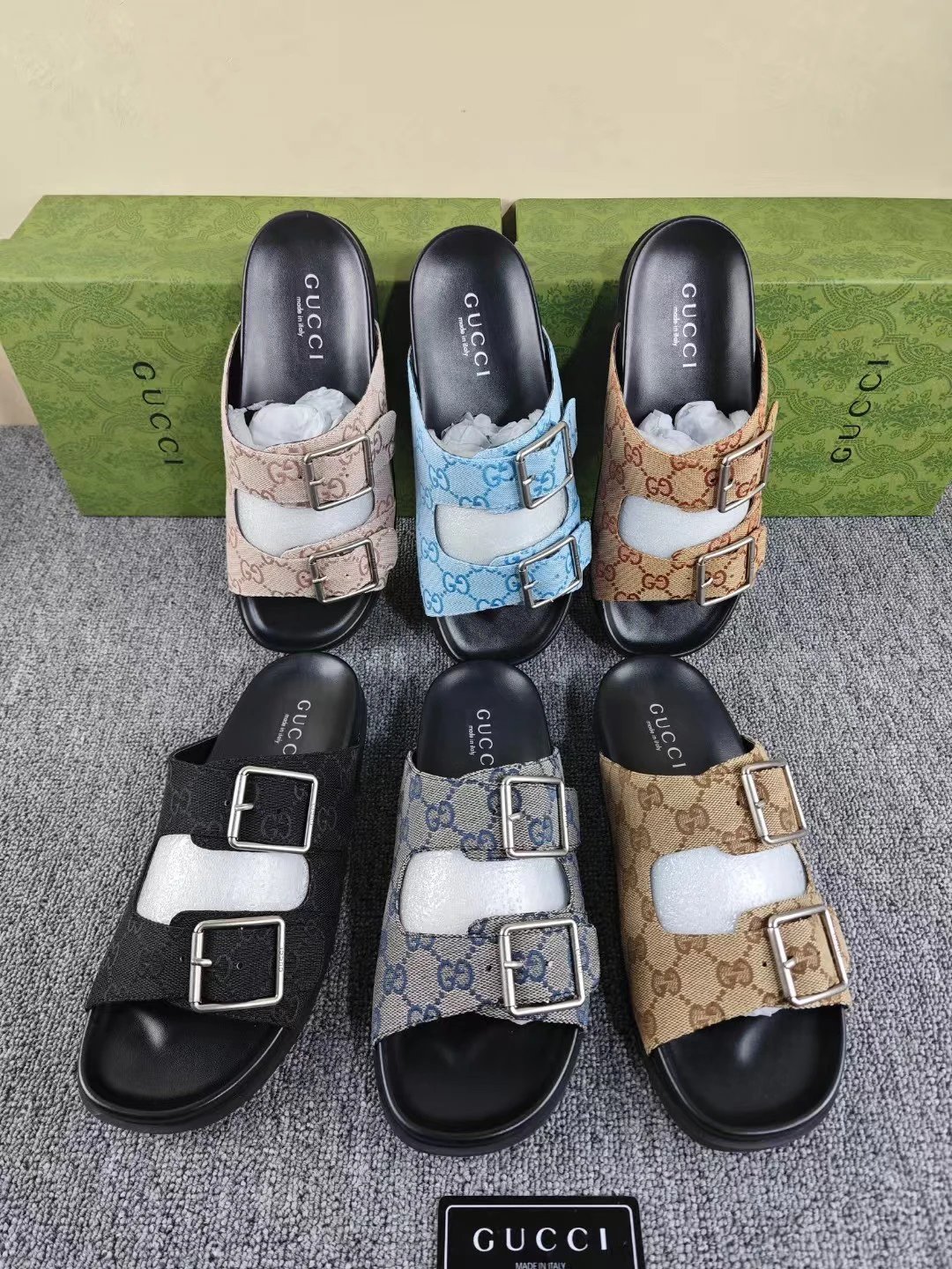 Gucci GG Supreme Beige Double Buckle Slide Sandals