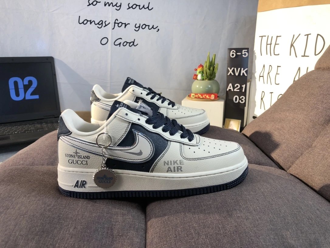 Nike Air Force 1 White Blue Leather Low-Top Sneakers