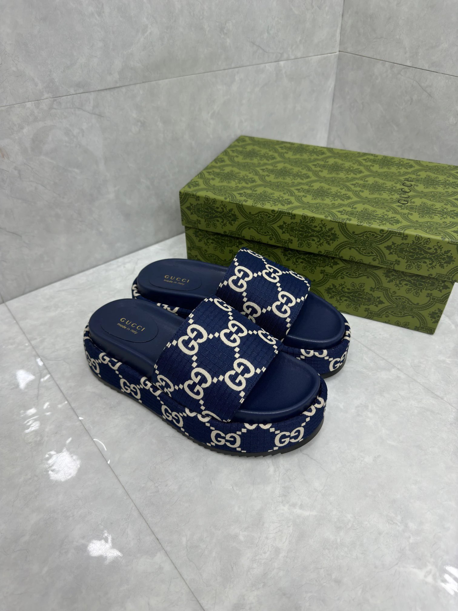 Gucci Blue GG Jacquard Platform Slide Sandals for Women