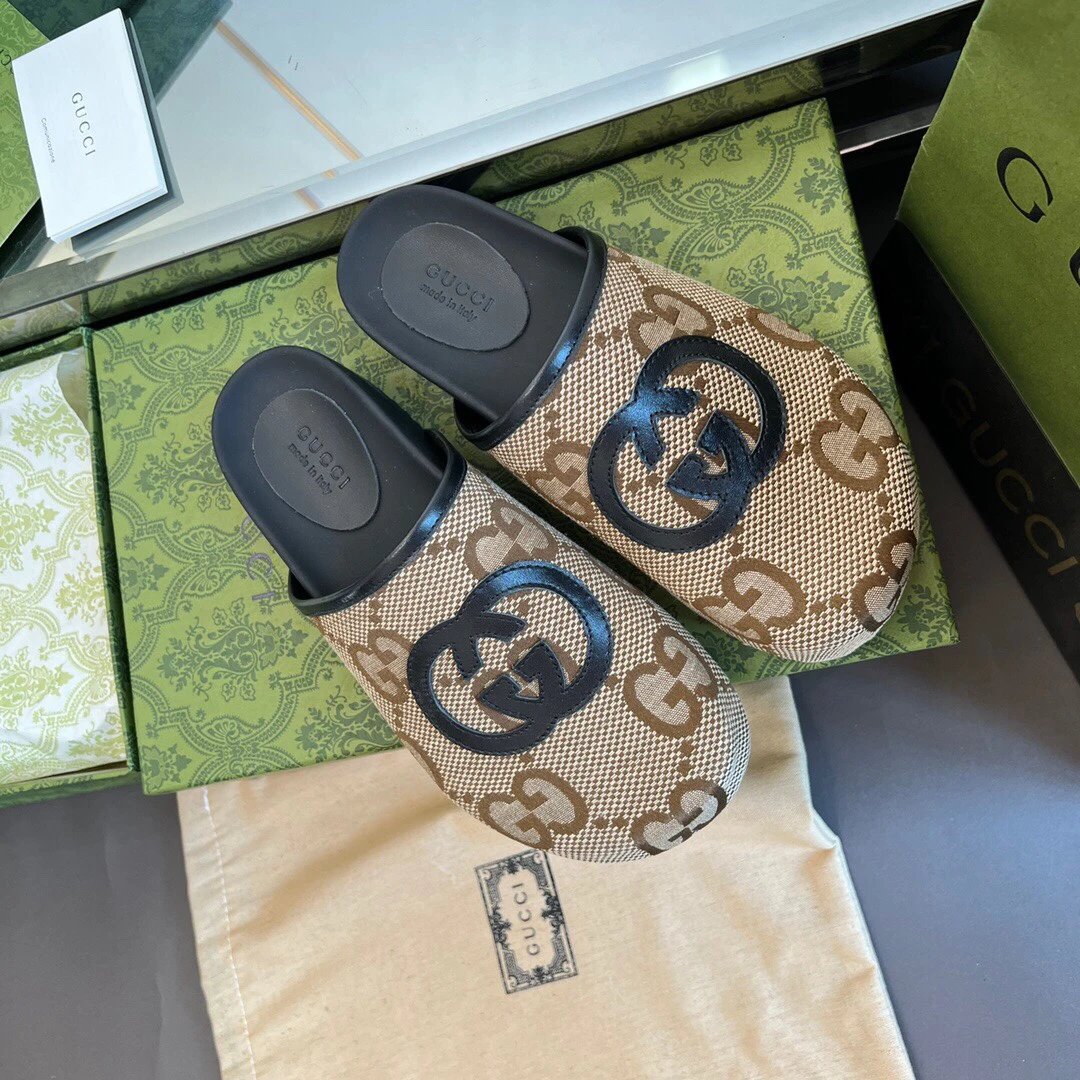 Gucci GG Canvas Brown Slide Sandals Black Logo Shoes