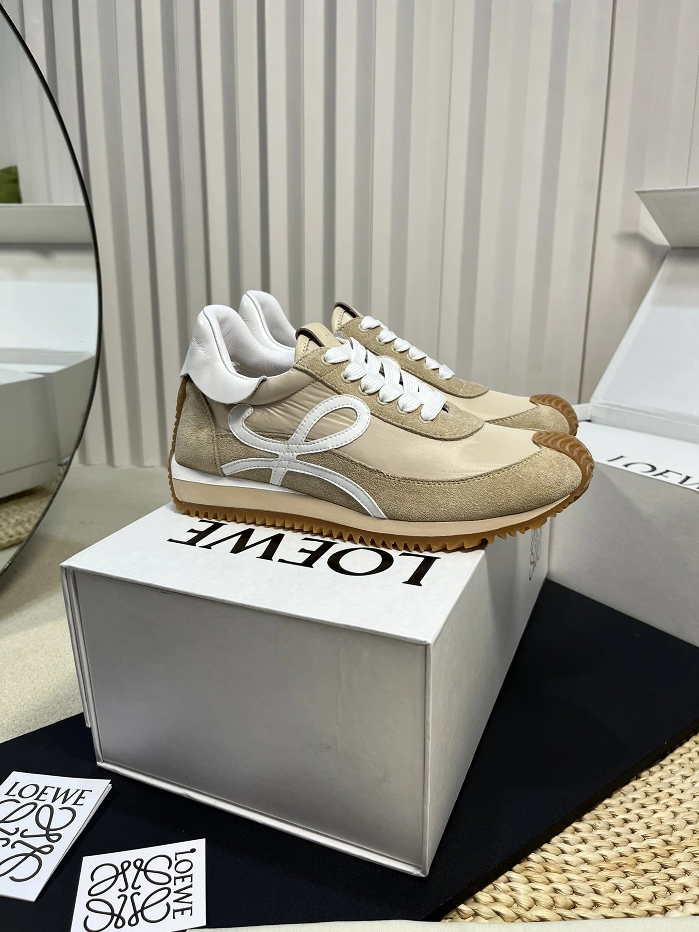 Loewe Flow Runner Off-White Khaki Suede Retro Sneakers