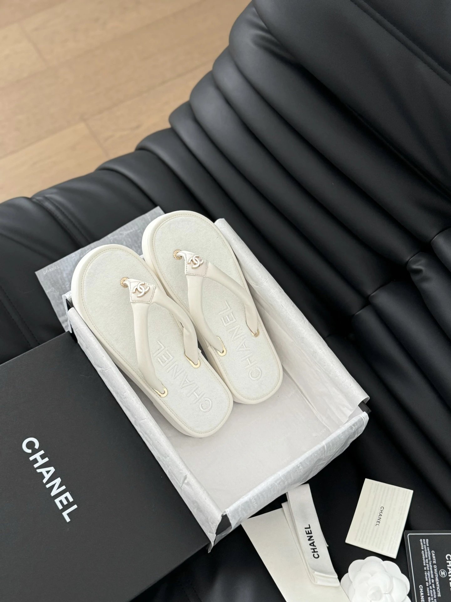 Chanel Ivory CC Logo Leather Thong Sandals for Women