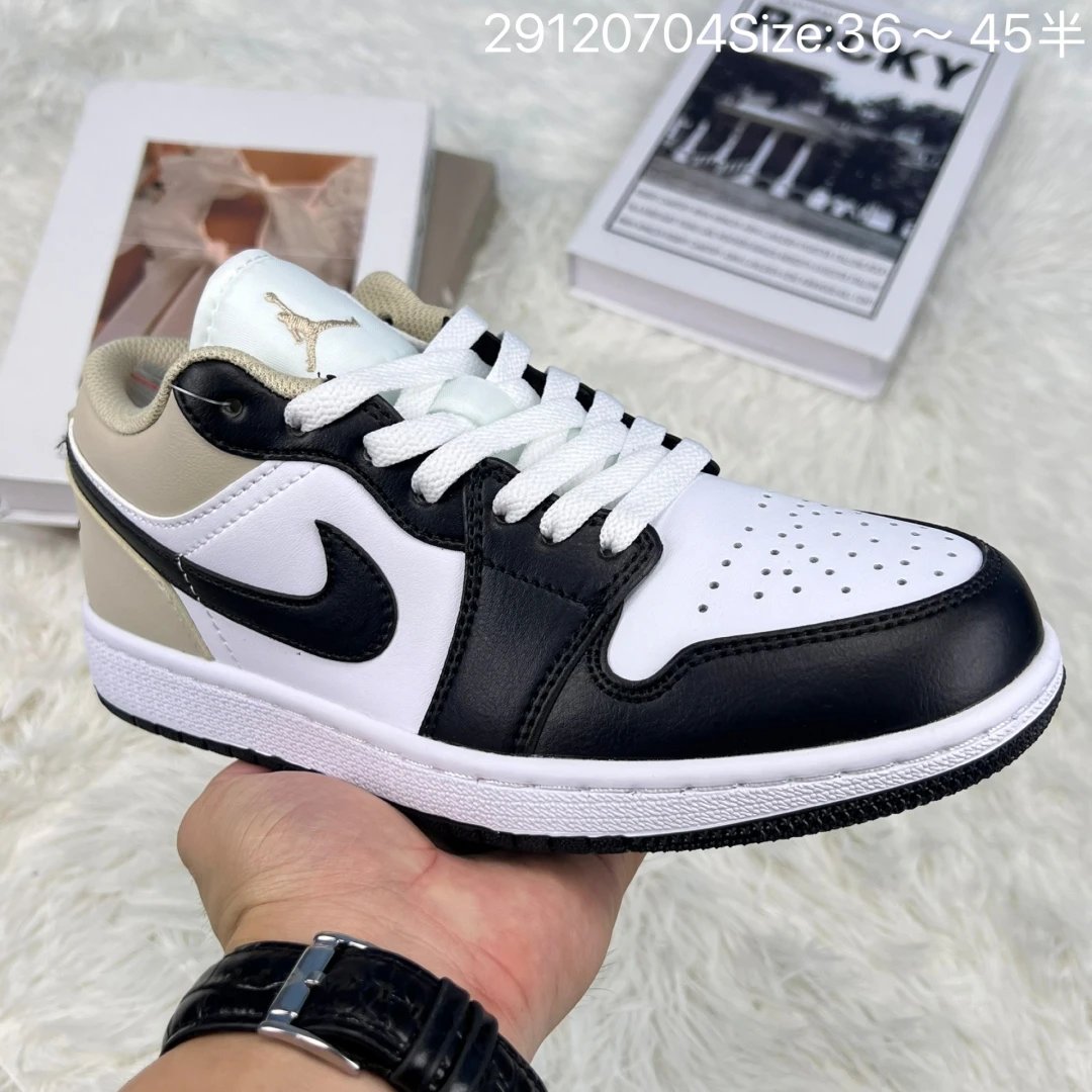 Air Jordan AJ1 Low Black White Beige Gold Logo Sneakers