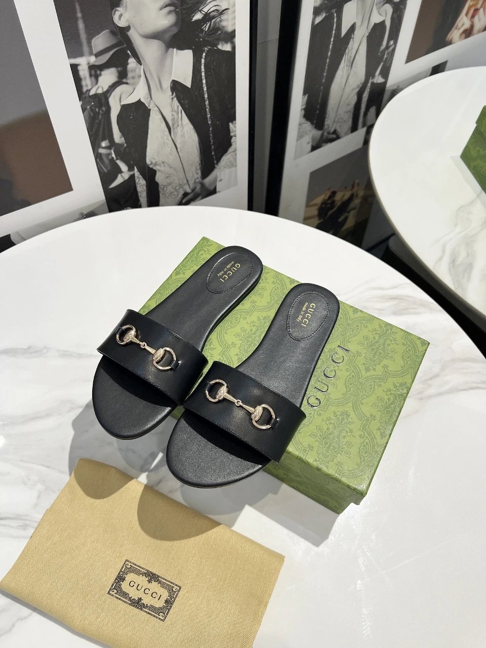 Gucci Black Horsebit Leather Flat Slide Sandals