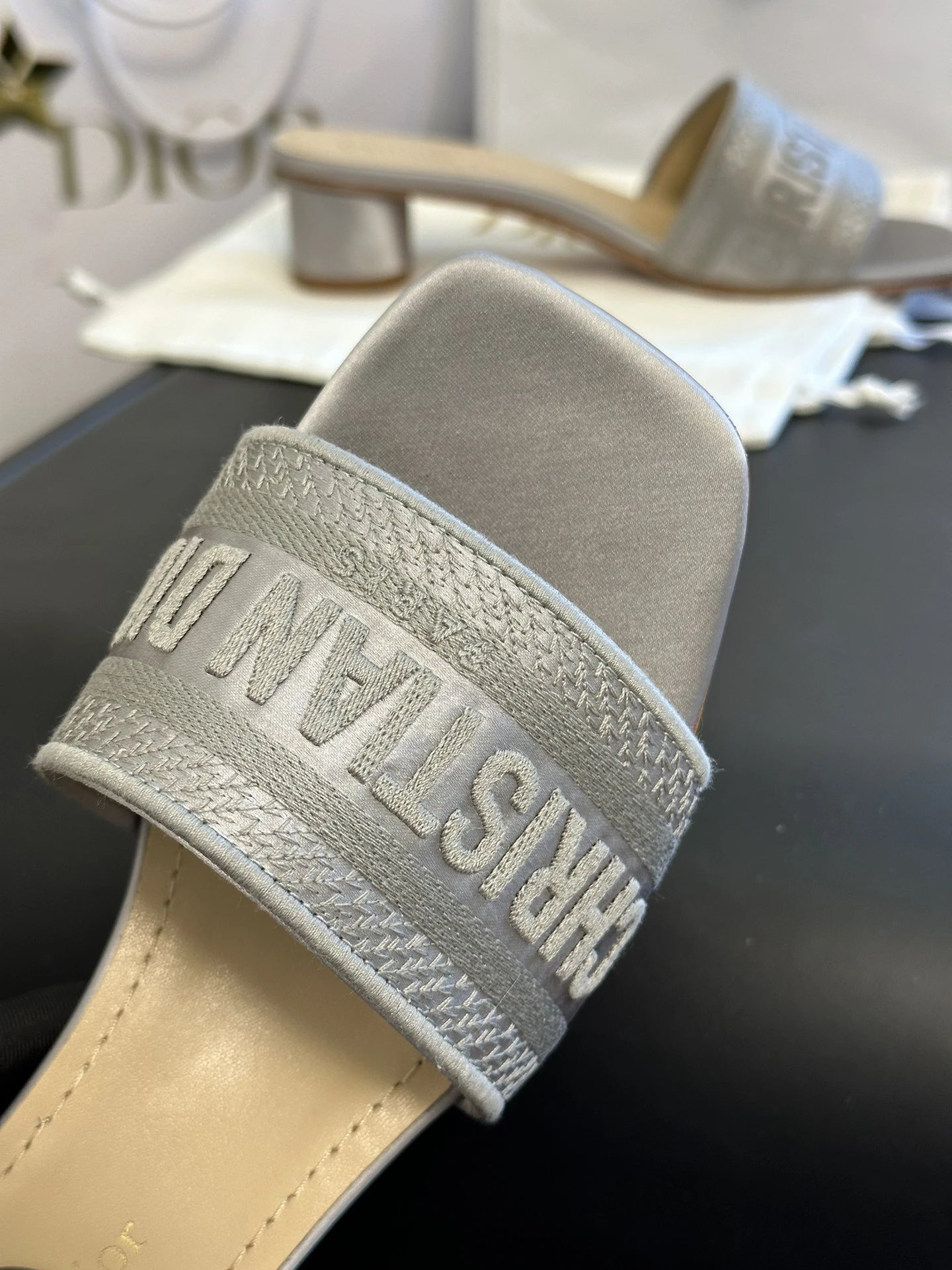 Dior Dway Light Gray Satin Heeled Slide Sandals