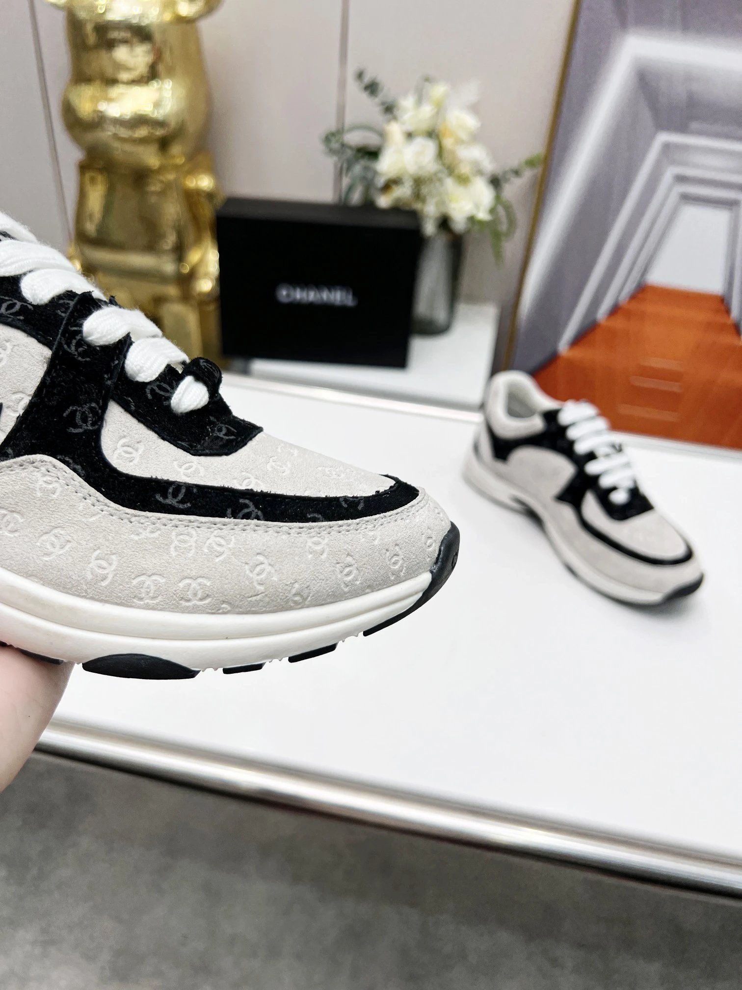 Chanel Black White CC Monogram Chunky Unisex Sneakers