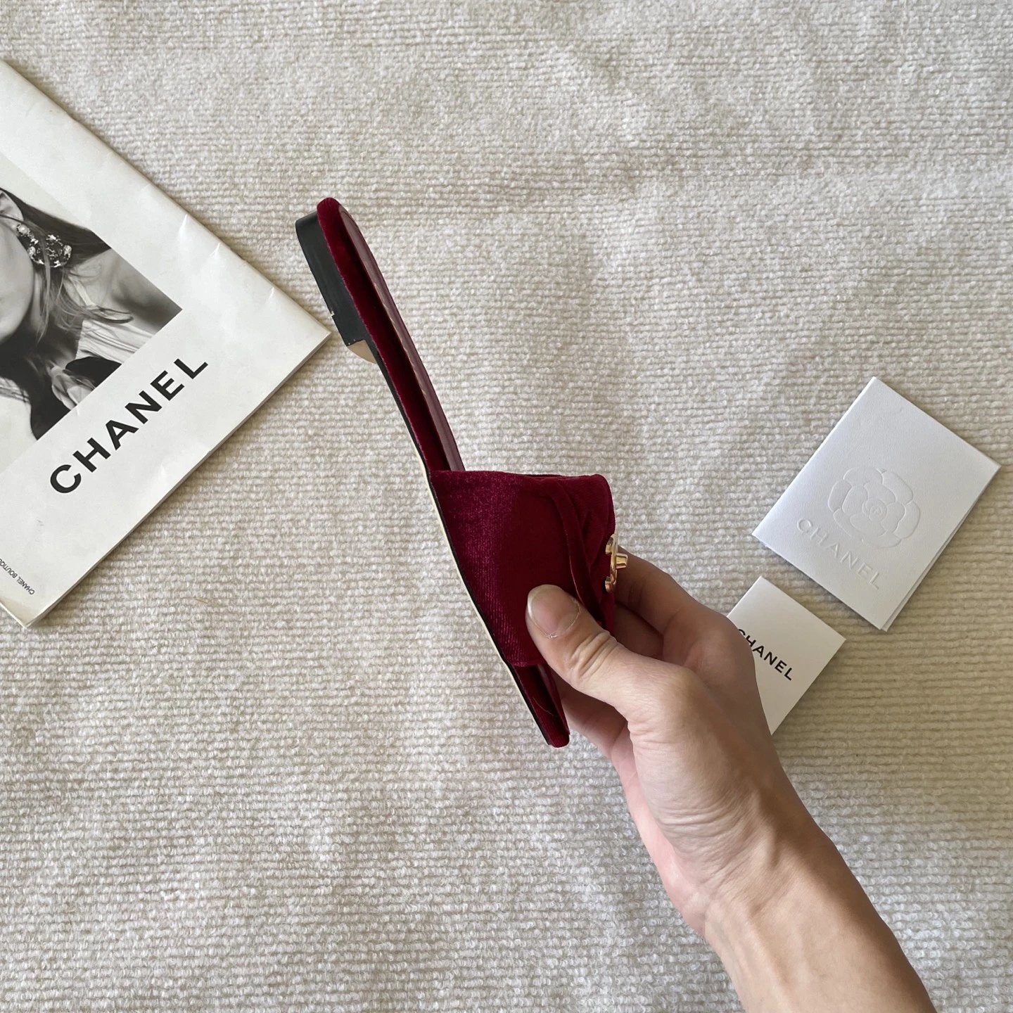 Chanel Burgundy Velvet CC Logo Flat Slide Sandals