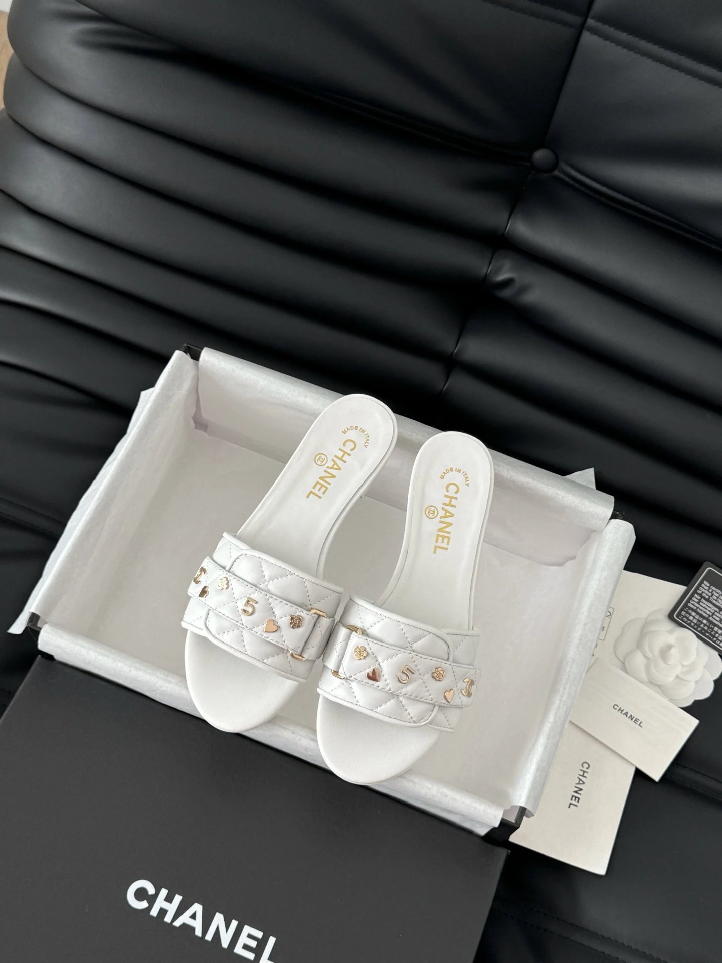 Chanel White Quilted Lambskin Slide Sandals with Gold Studs