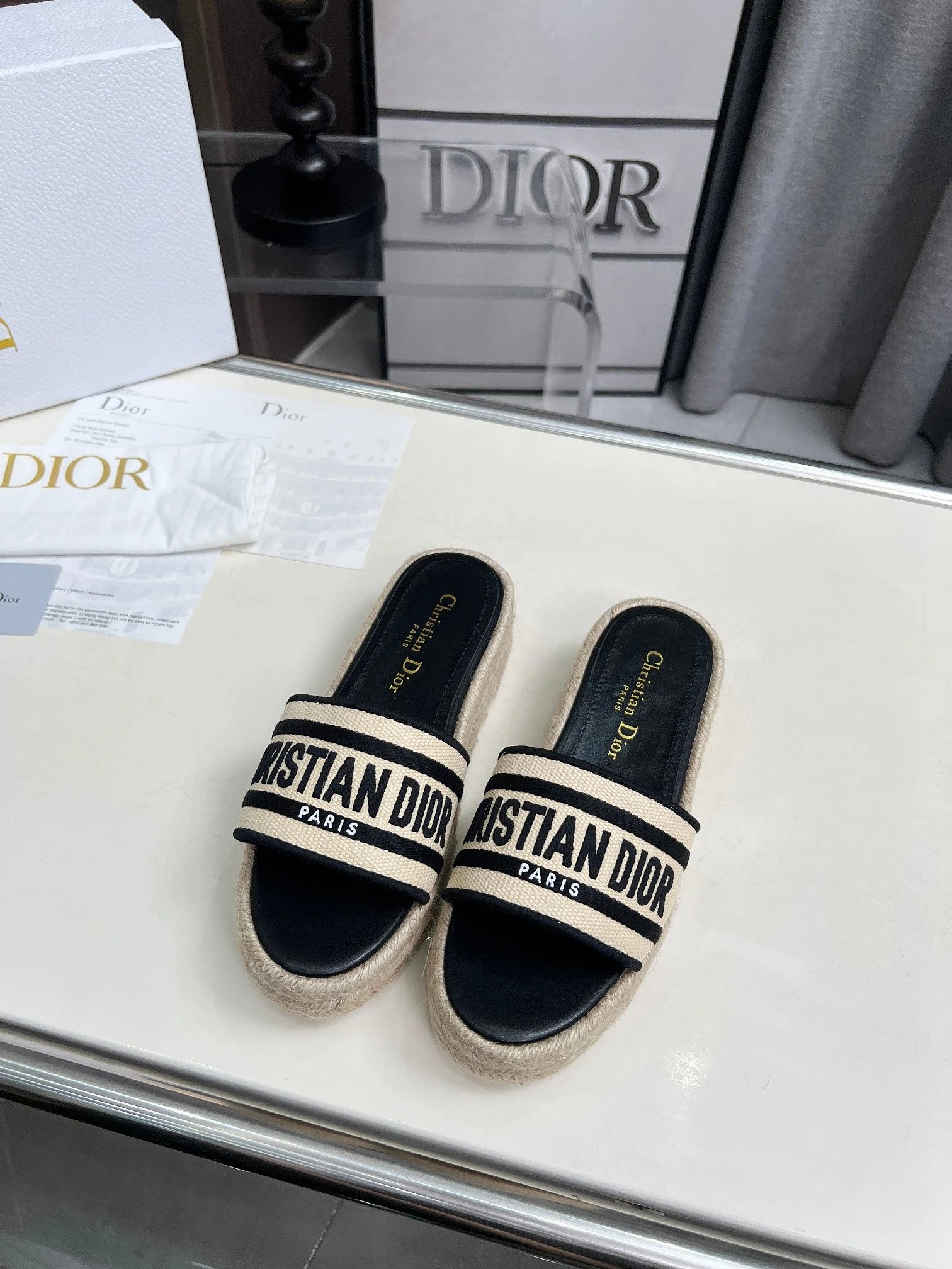Dior Beige Black Embroidered Espadrille Platform Slides