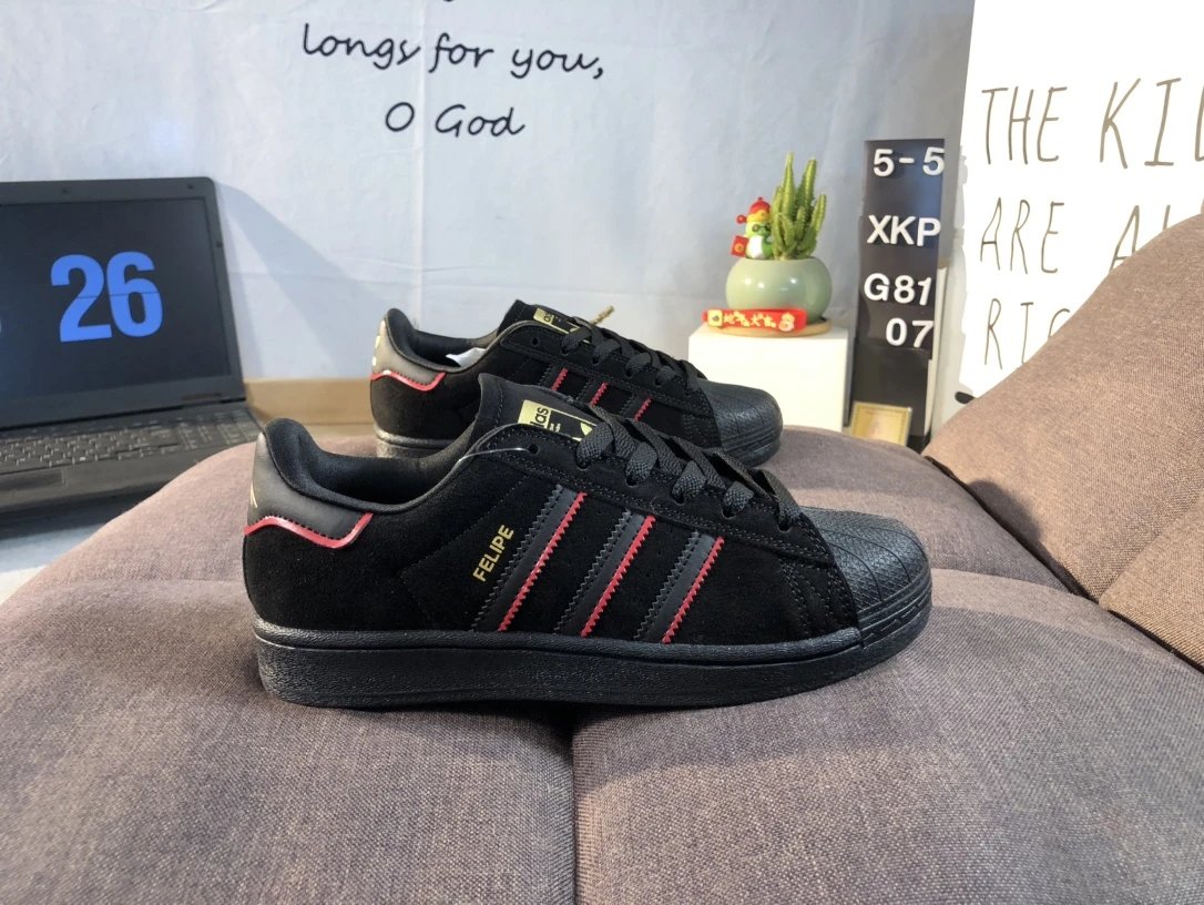 Adidas Superstar Black Red Suede Shell Toe Low Top Sneakers