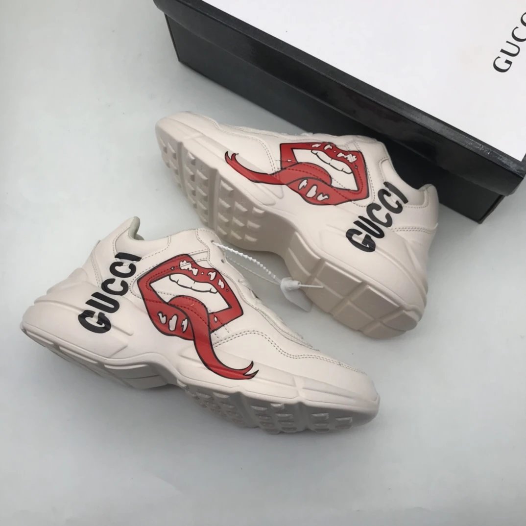Gucci Rhyton Ivory Leather Sneakers Red Lips Snake