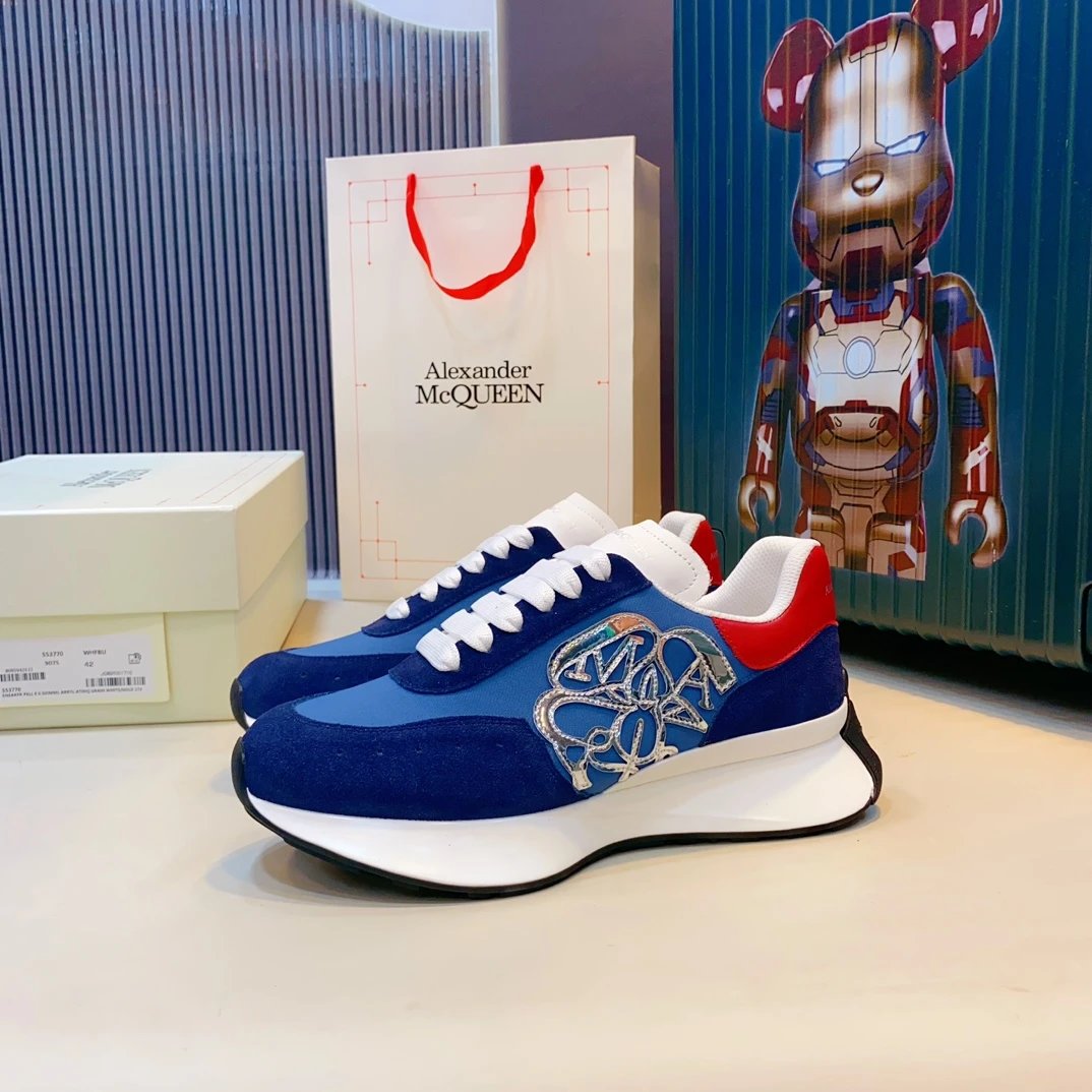 Alexander McQueen Blue Red Mesh Platform Sneakers Silver Logo