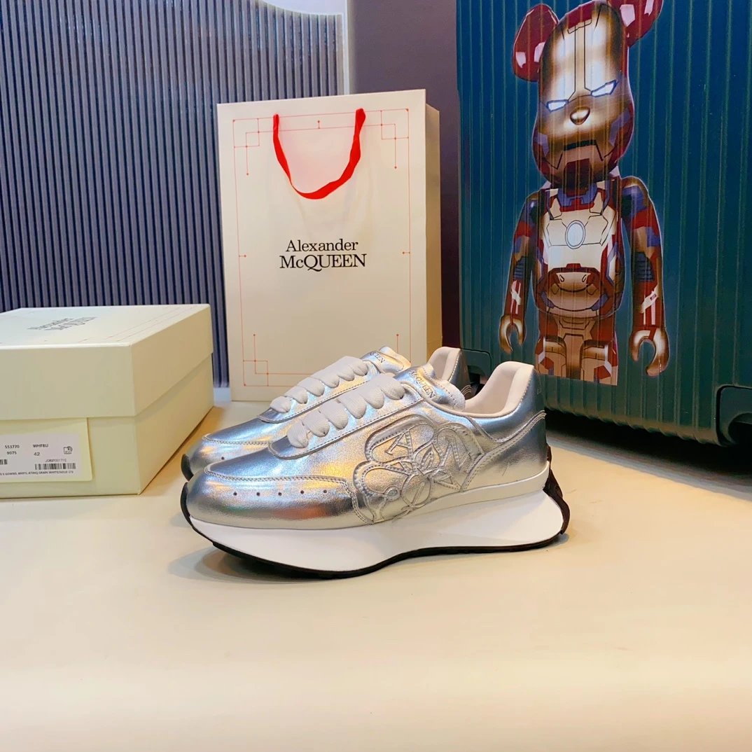 Alexander McQueen Silver Metallic Leather Platform Sneakers