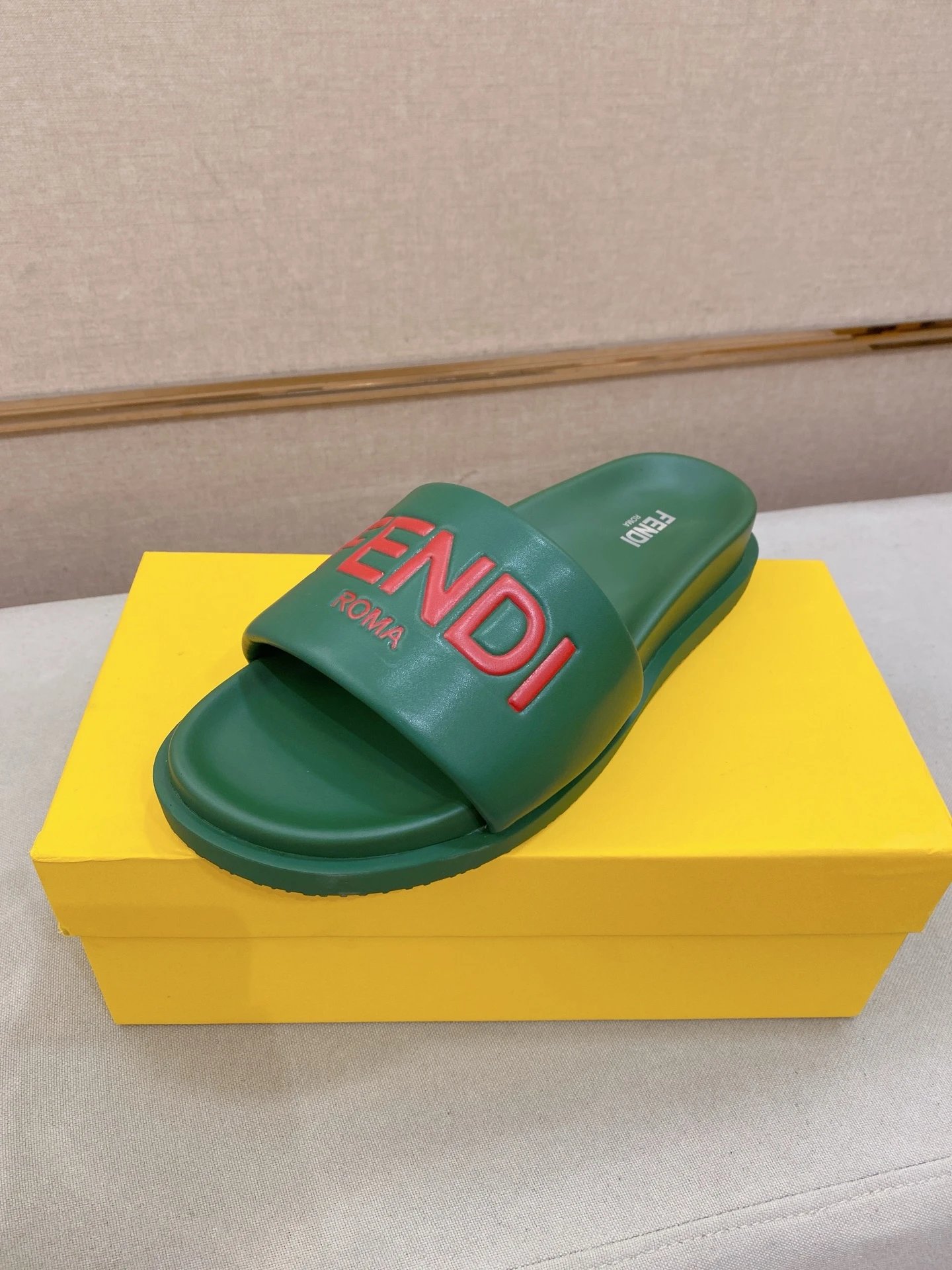 Fendi Roma Green Leather Logo Slide Sandals for Summer