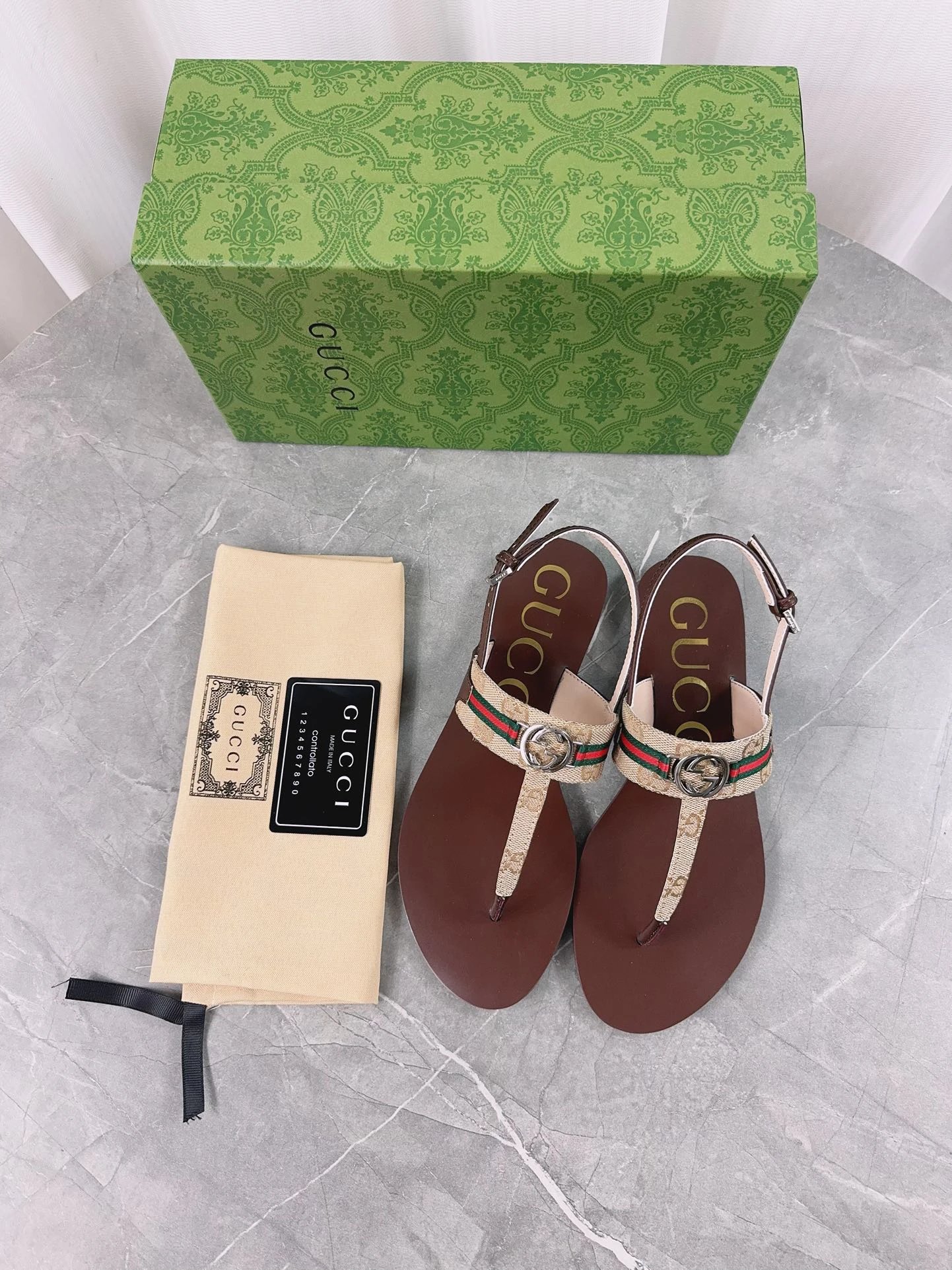 Gucci Brown GG Web Thong Sandals Women's Flat Shoes