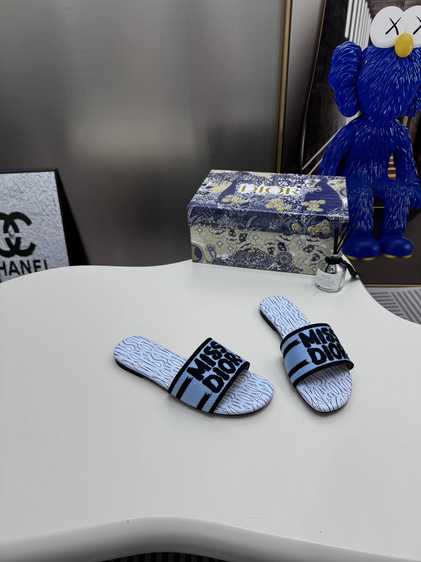 Dior Dway Oblique Blue White Embroidered Slide Sandals