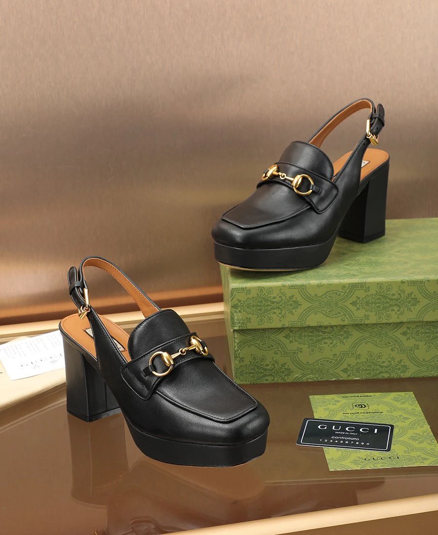 Gucci Horsebit Black Leather Slingback Platform Loafers