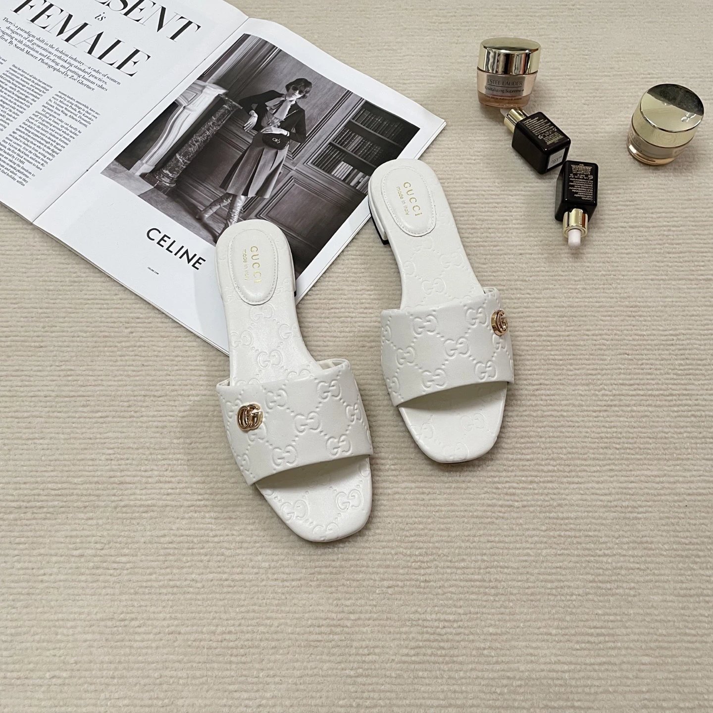 Gucci White GG Embossed Leather Slide Sandals for Women