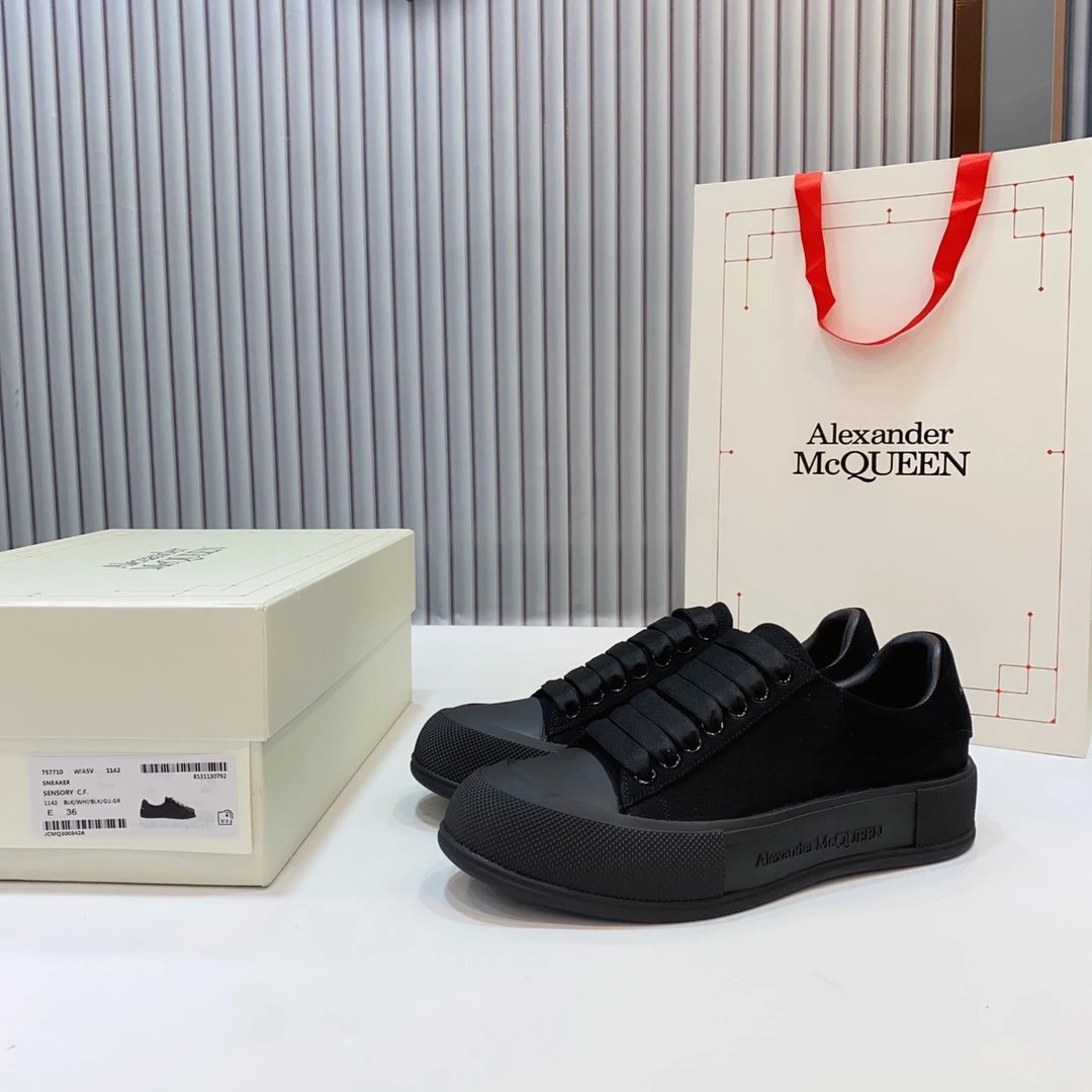 Alexander McQueen Black Low Top Canvas Platform Sneakers