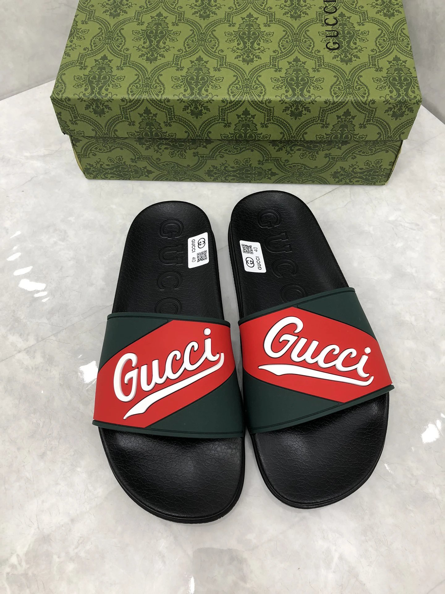 Gucci Dark Green Red Logo Slide Sandals Shoes