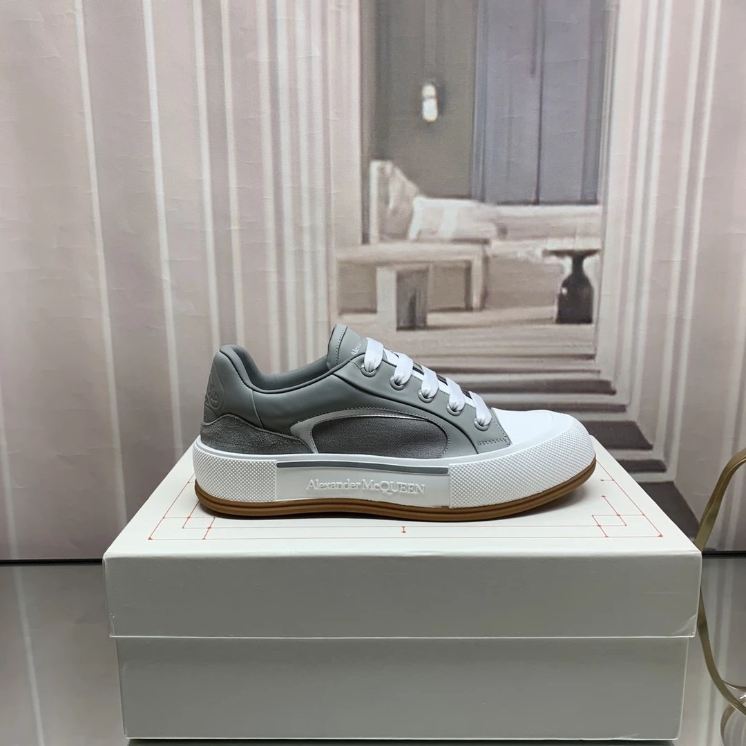Alexander McQueen Gray White Leather Mesh Low-Top Sneakers