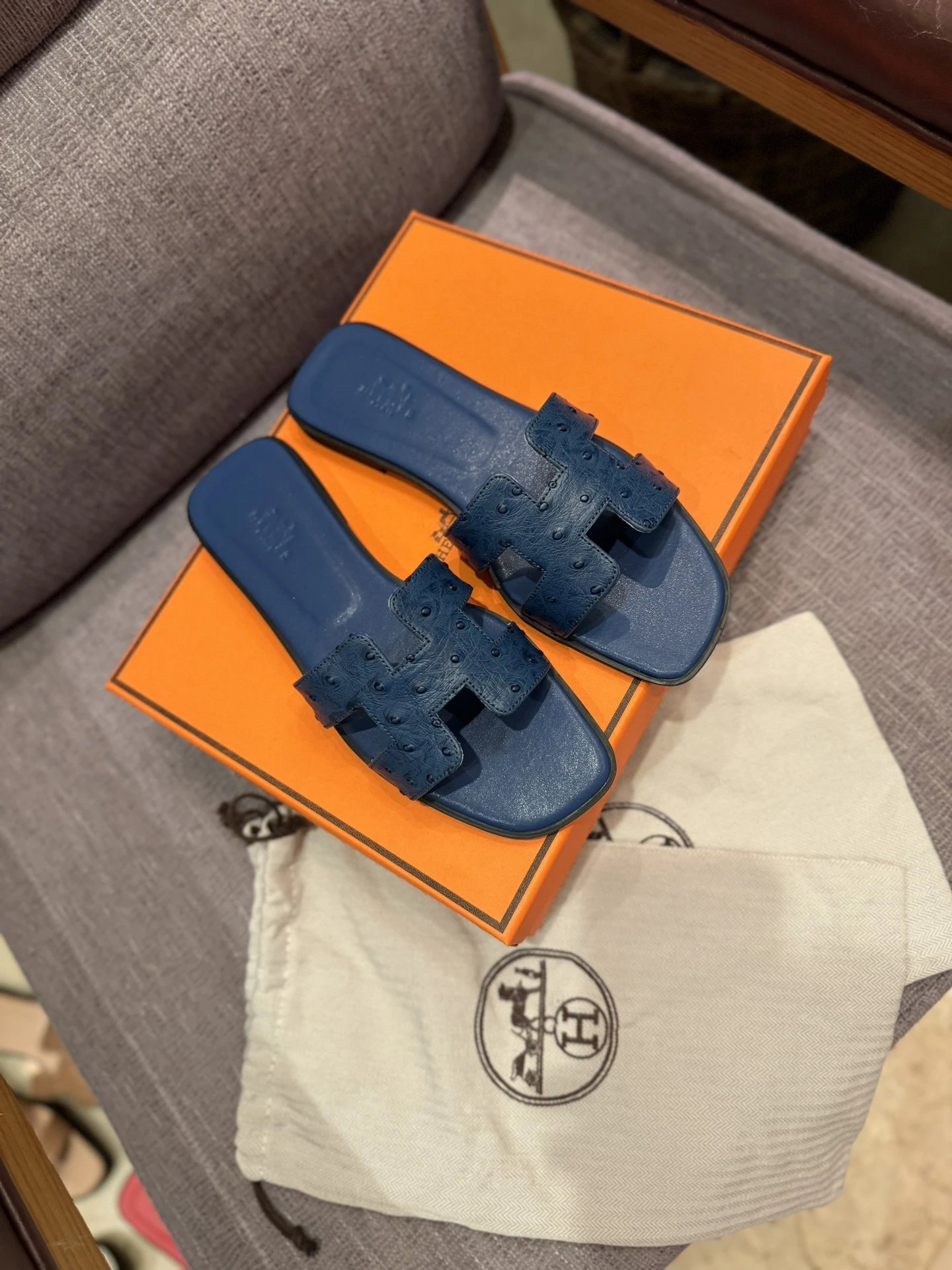 Hermes Oran Blue Ostrich Leather H Sandals