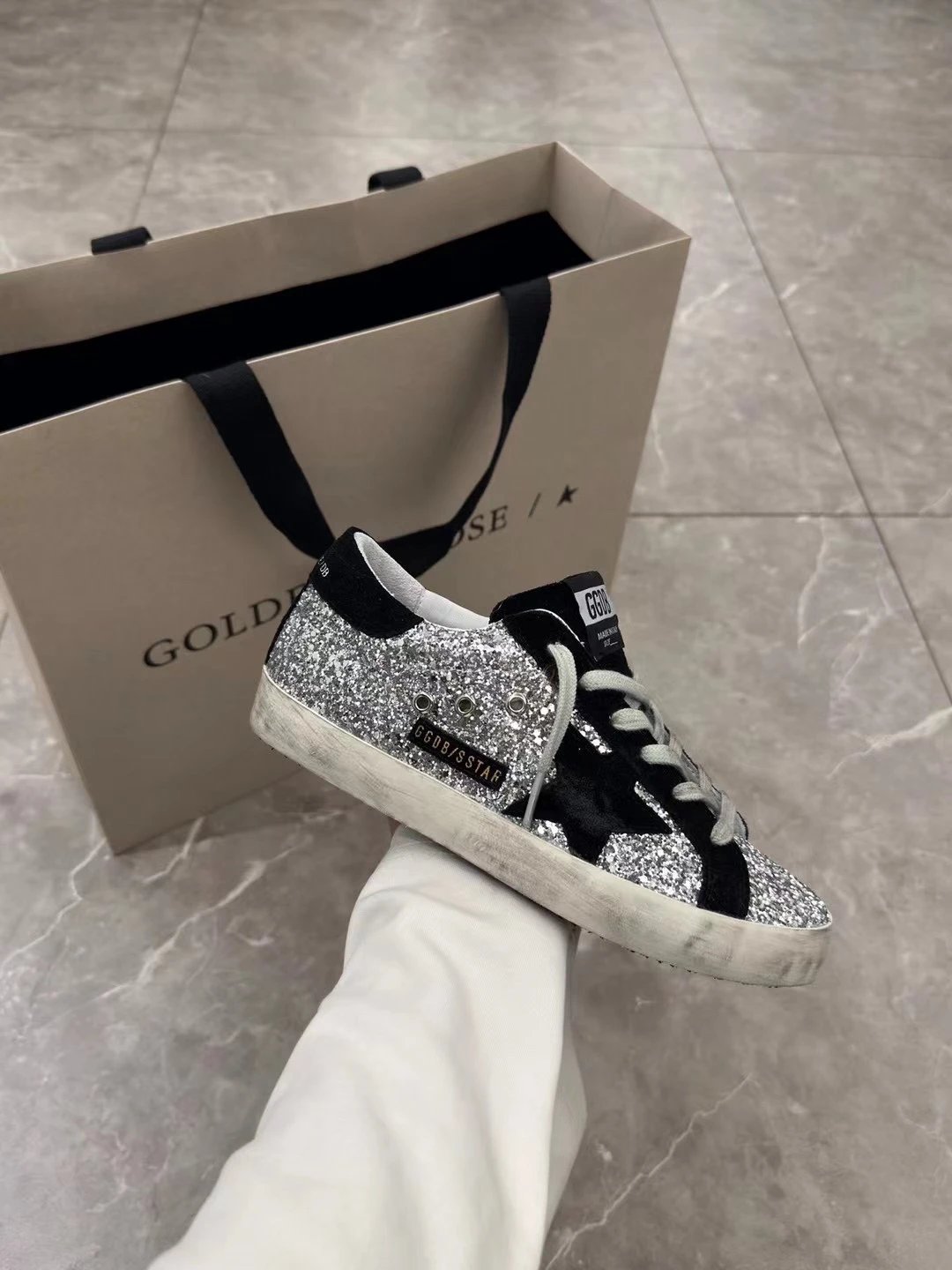 Golden Goose Silver Sequin Super-Star Distressed Sneakers