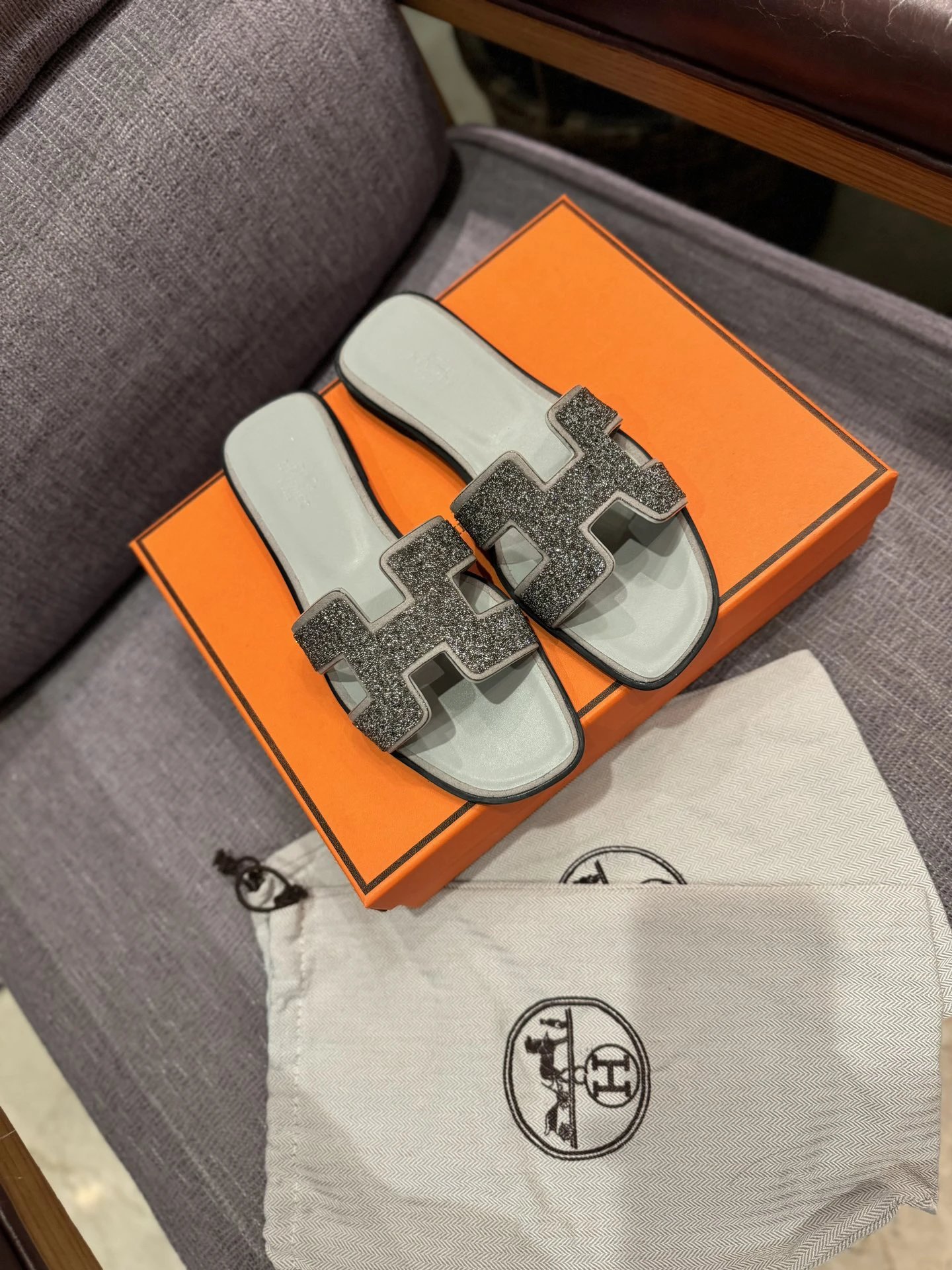 Hermes Oran Light Blue Rhinestone H Leather Slide Sandals