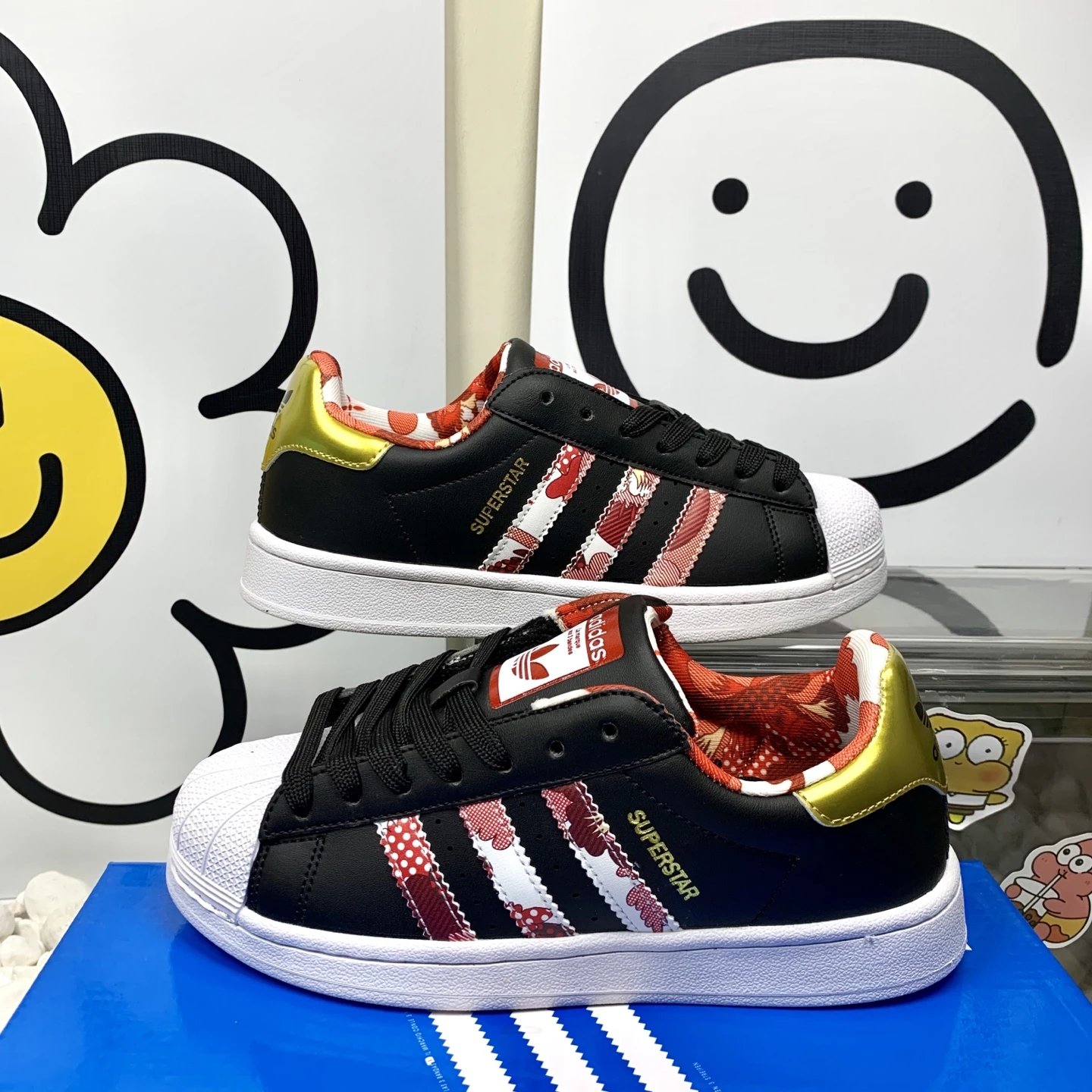 Adidas Superstar Black Floral Stripe Shell Toe Sneakers