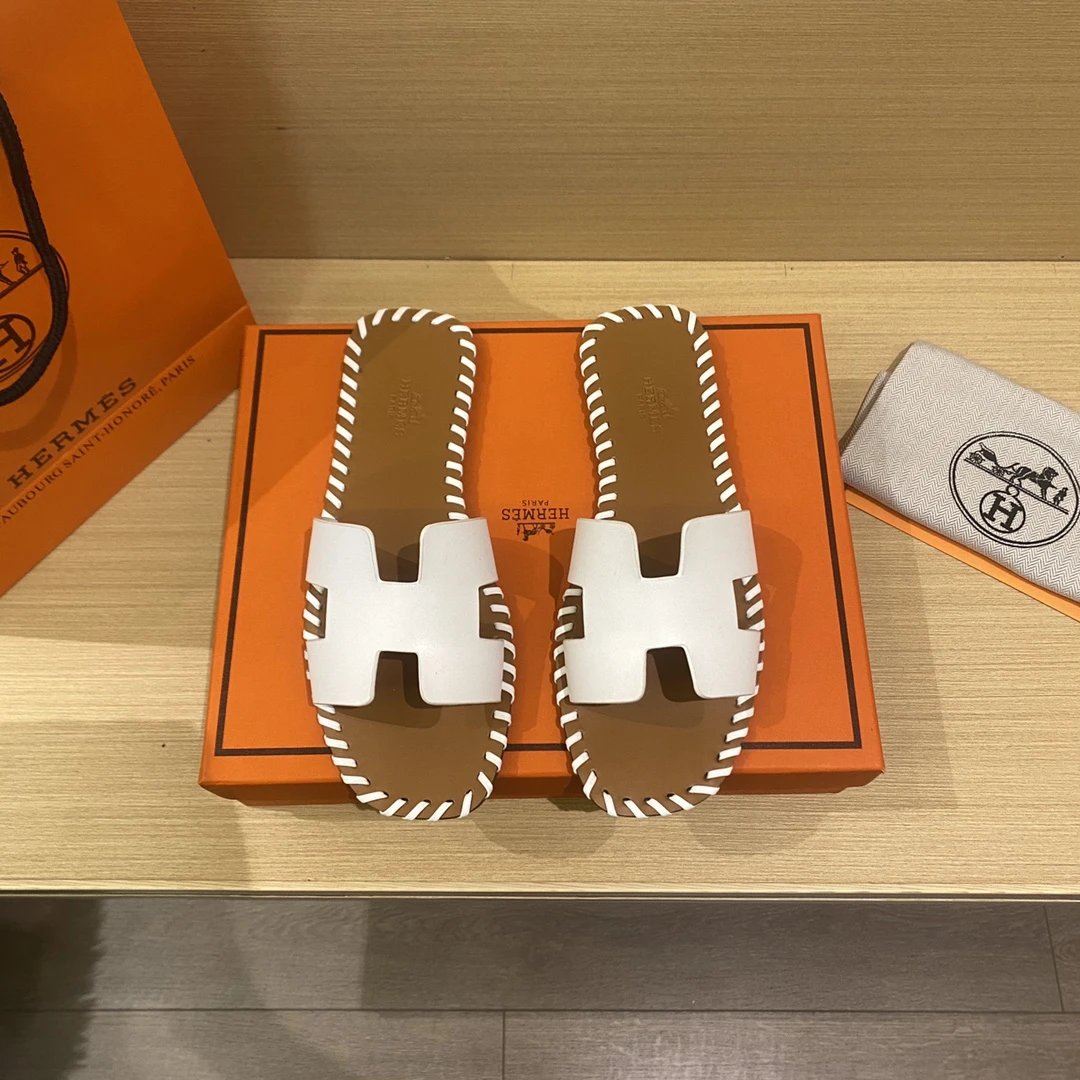 Hermes White H Buckle Leather Flat Sandals Unisex