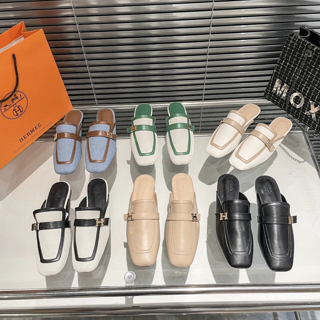 Hermes Lago Cream Canvas Leather H Buckle Mule Slippers