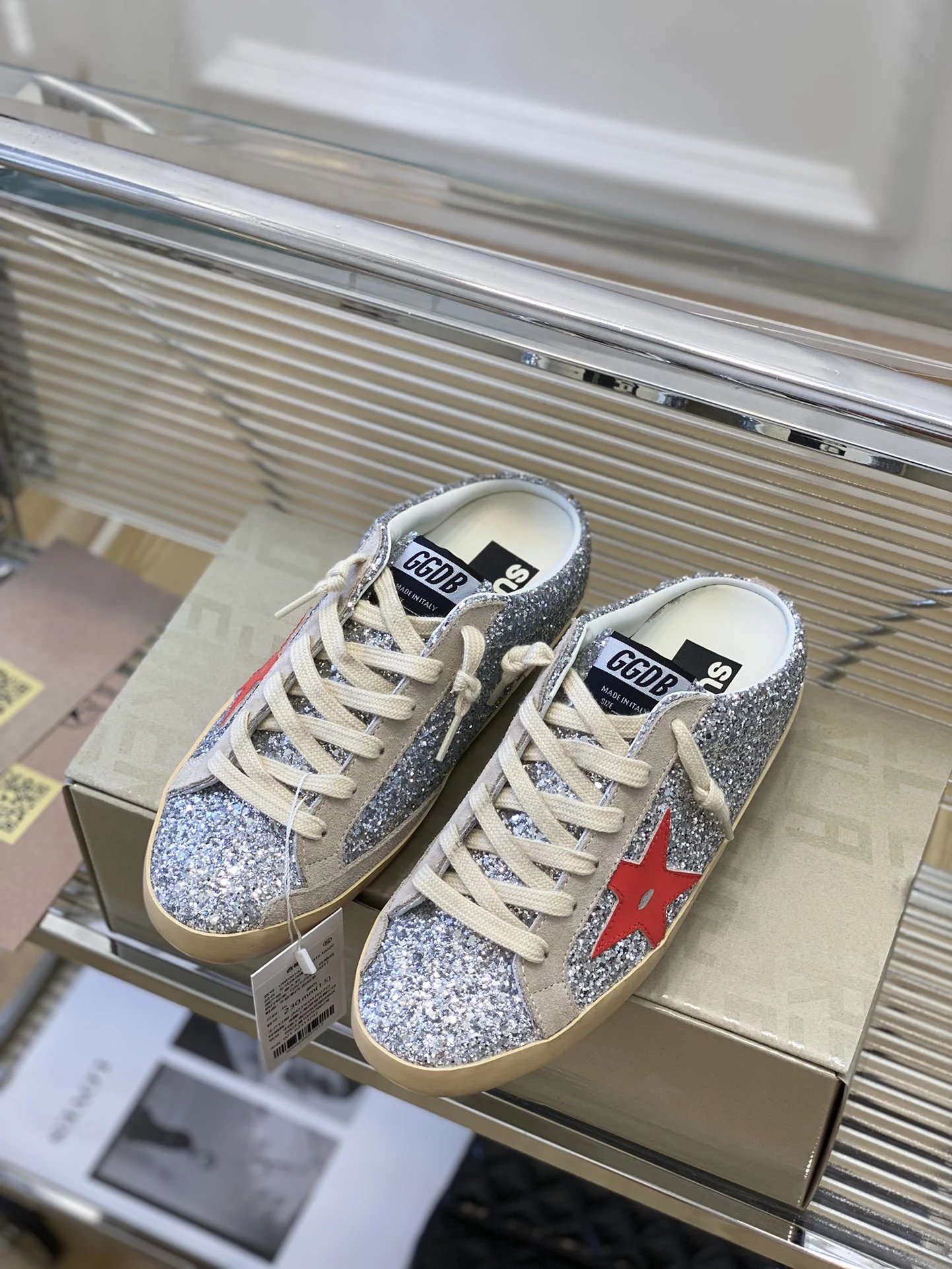 Golden Goose Super-Star Silver Sequin Red Star Sneakers