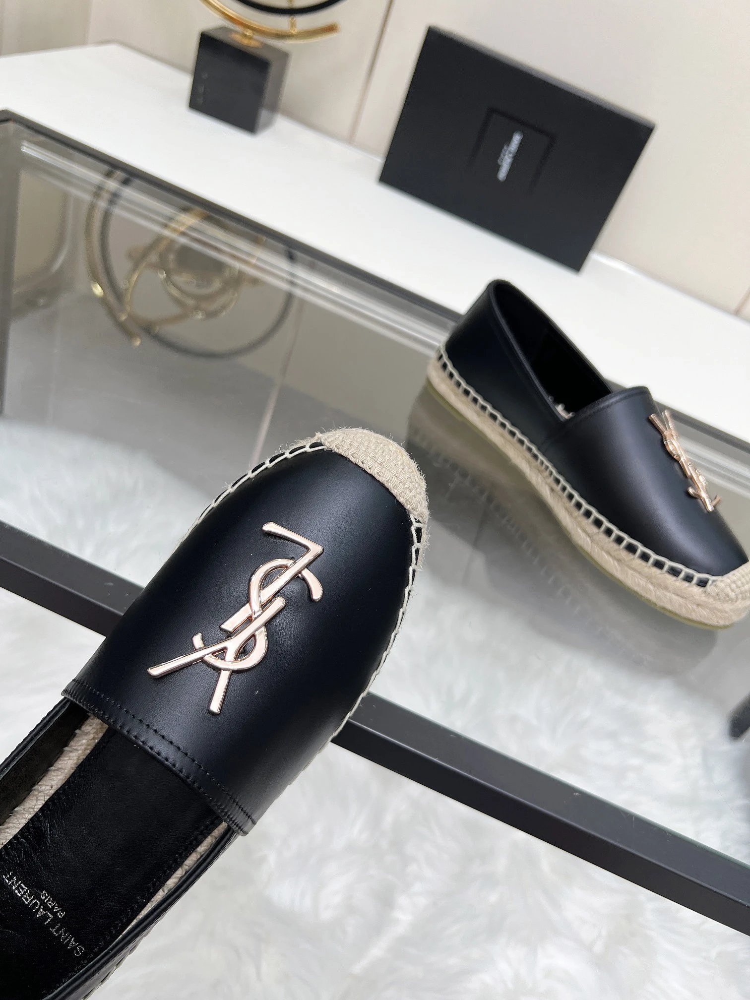 Saint Laurent Black Leather Platform Espadrille Loafers