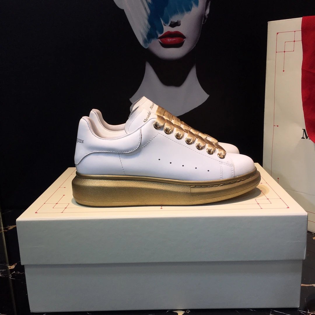 Alexander McQueen White Gold Platform Leather Sneakers