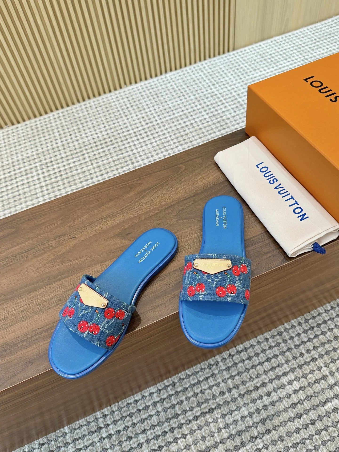 Louis Vuitton Denim Cherry Monogram Slide Sandals