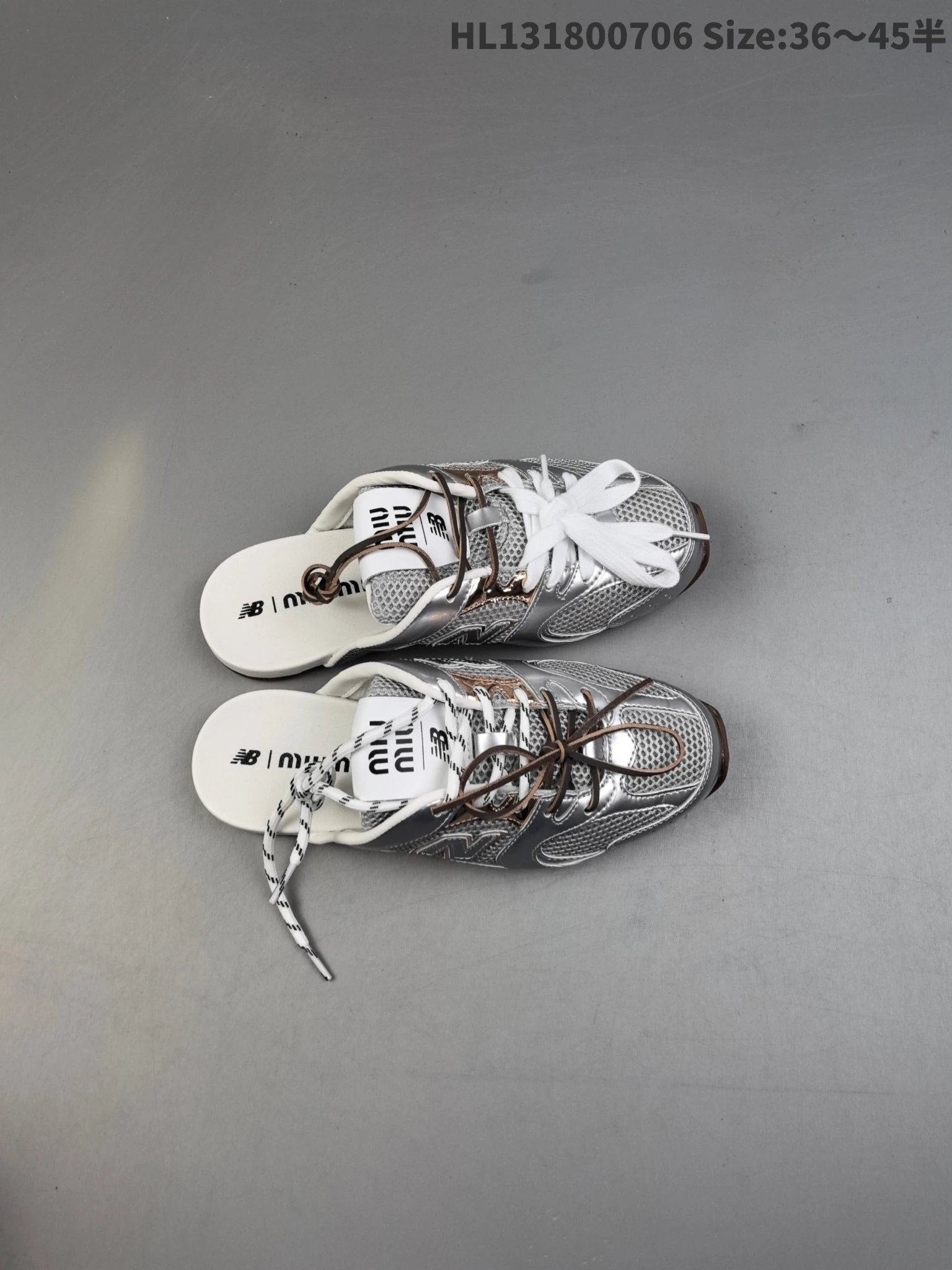 New Balance x Miu Miu Silver Mesh Open Heel Sneakers